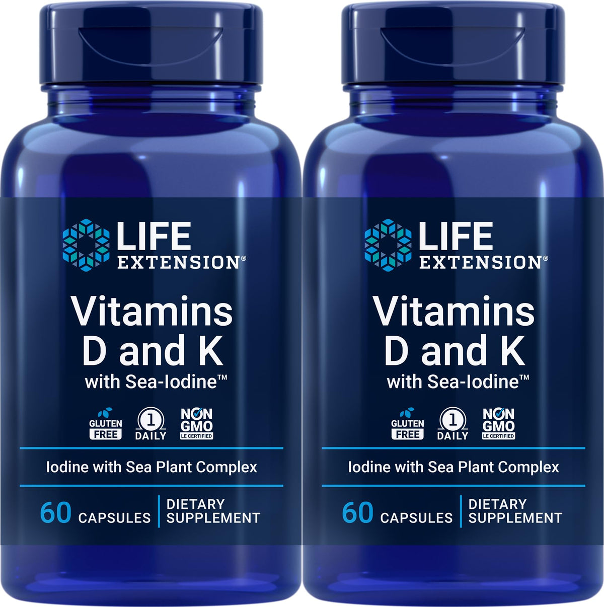 Life Extension Vitamins D and K with Sea-Iodine 60 Capsules front view