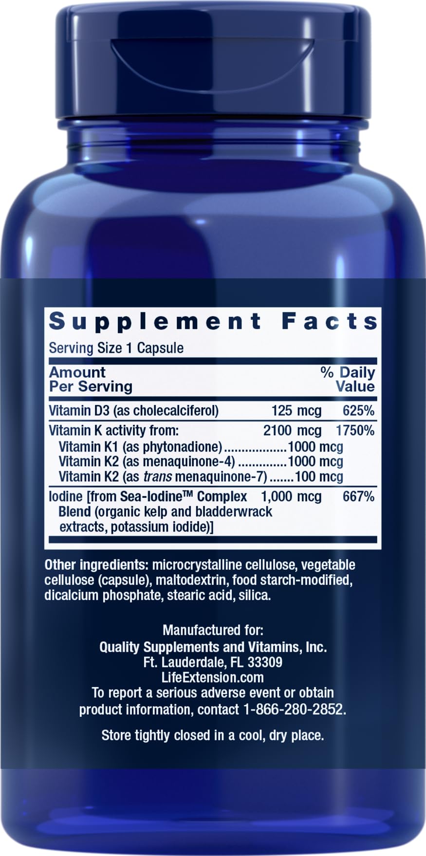 Life Extension Vitamins D and K with Sea-Iodine packaging and capsule details