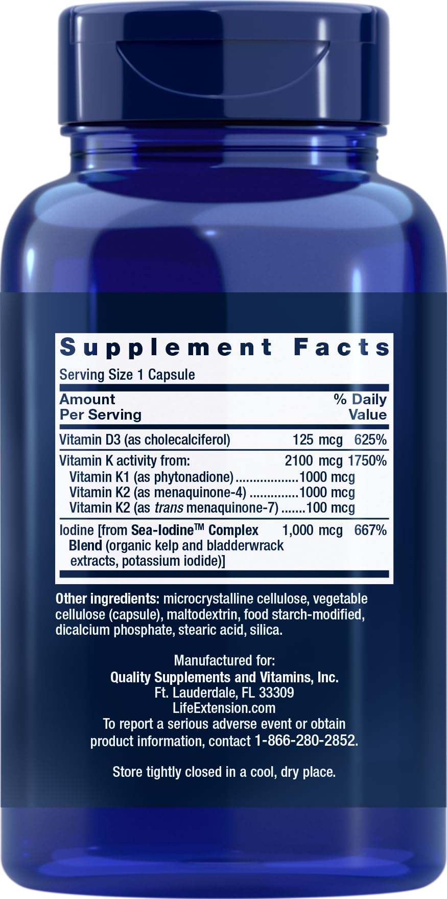 Life Extension Vitamins D & K with Sea-Iodine Supplement back view