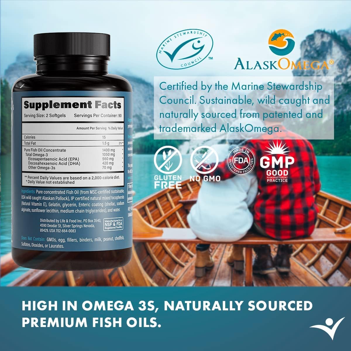 Life & Food Omega-3 Fish Oil Softgels 1050mg displayed with other supplements