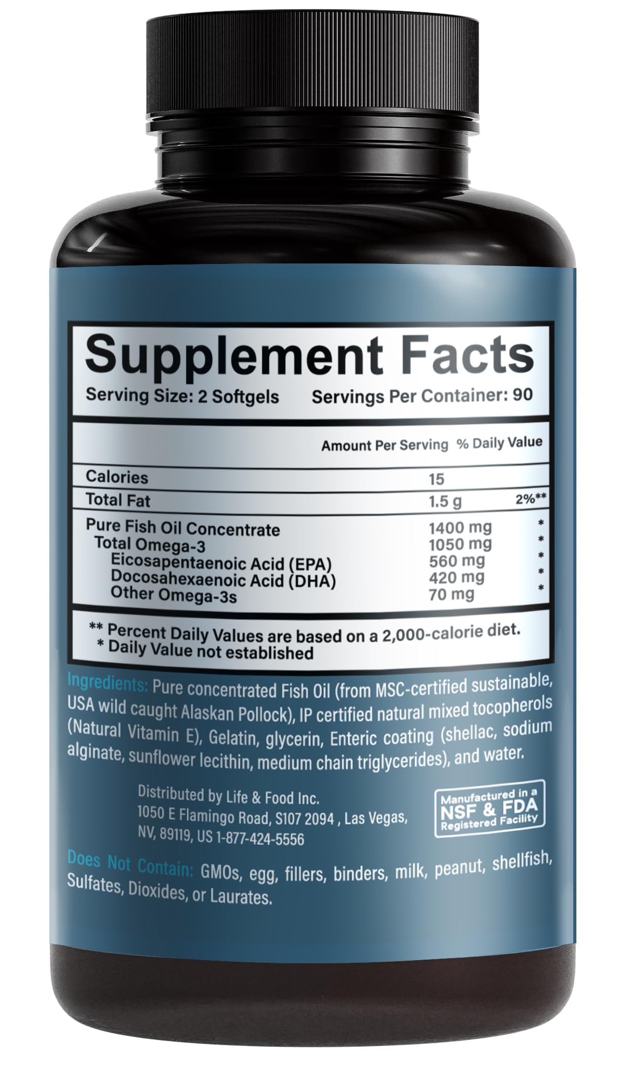 Life & Food Omega-3 Fish Oil Softgels 1050mg side view