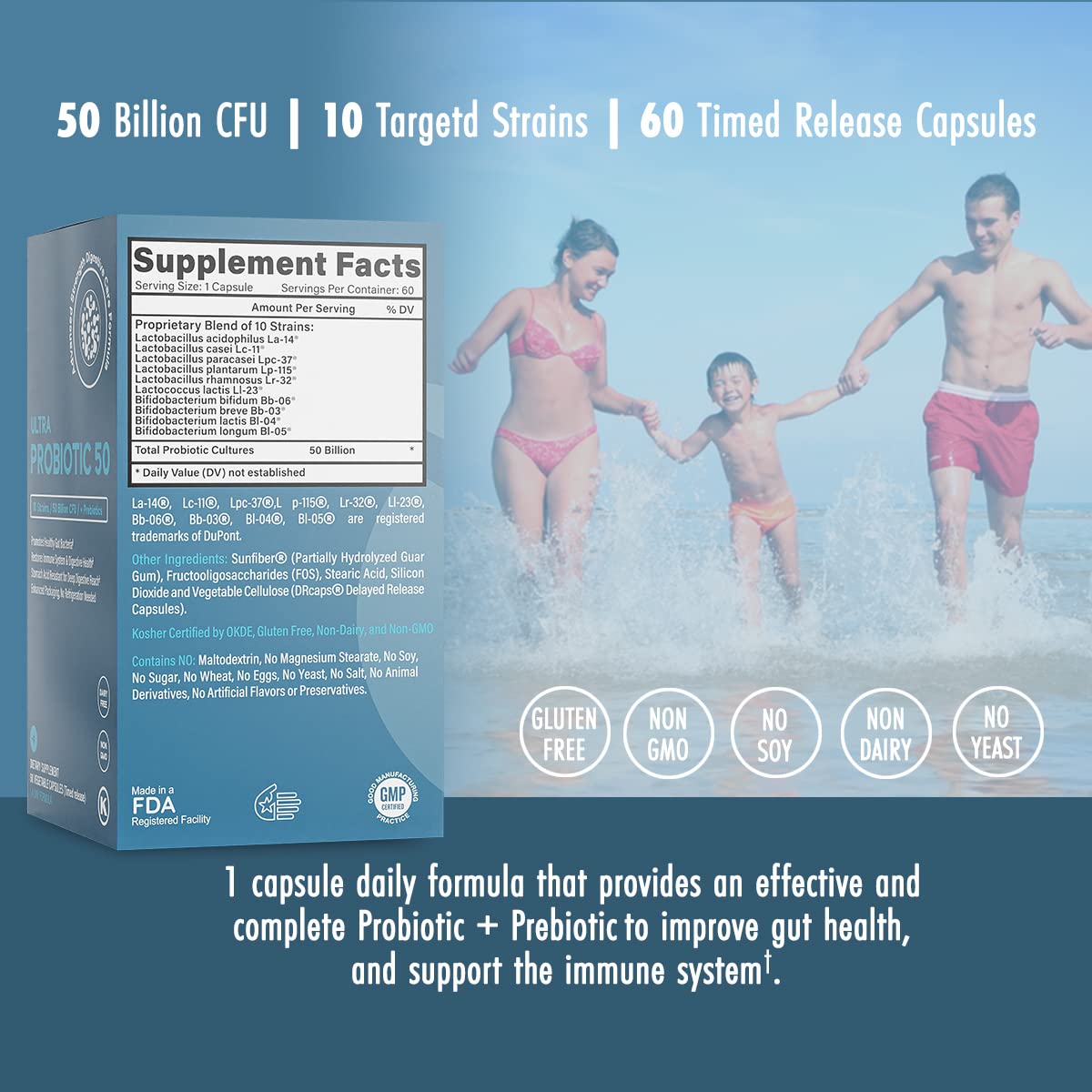 Life & Food Ultra Probiotic 50 capsules on a wooden surface
