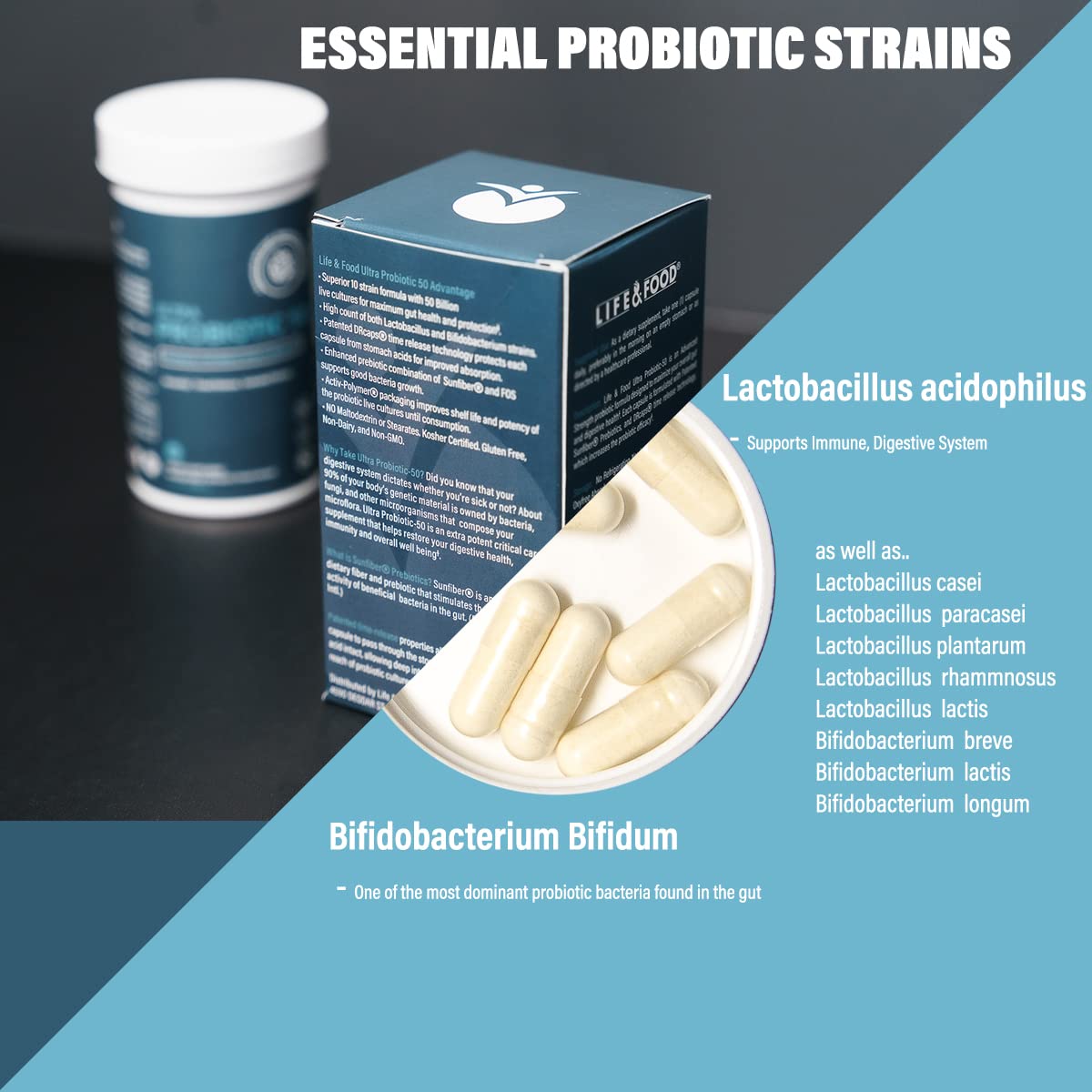 Life & Food Ultra Probiotic 50 side view showing capsule details