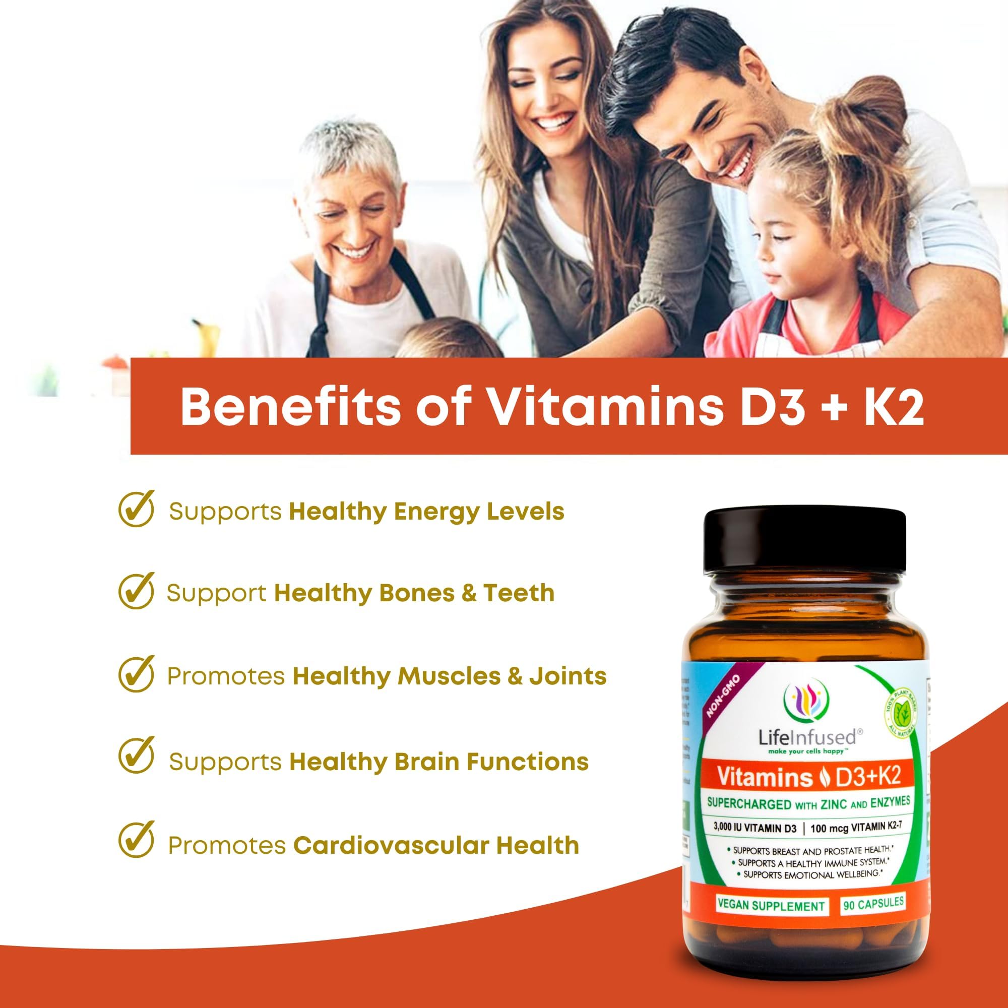 Life Infused Vitamin D3 + K2 90 capsules bottle with label