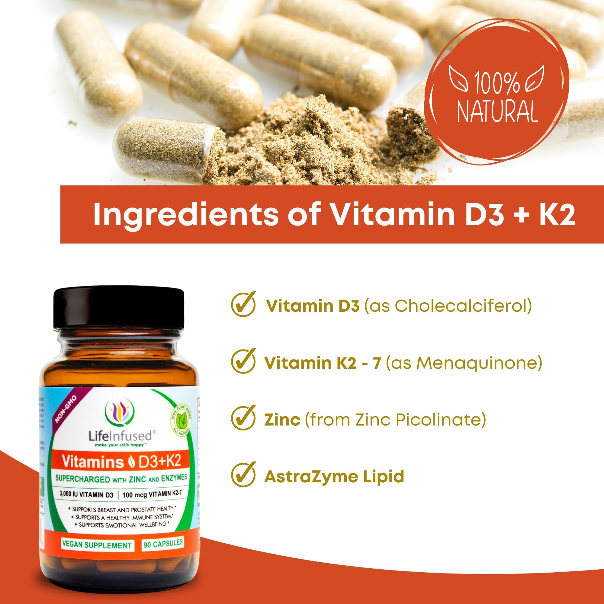 Life Infused Vitamin D3 + K2 90 capsules side view