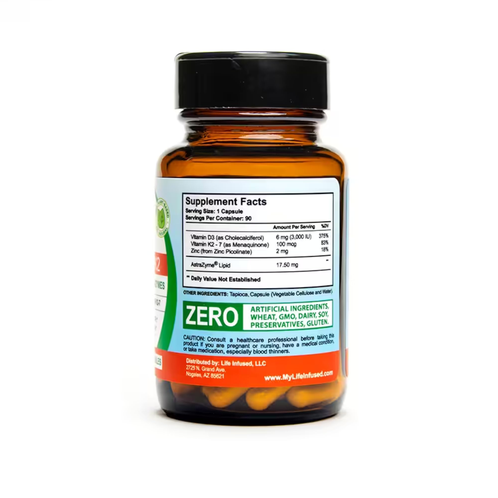 Life Infused Vitamin D3 + K2 capsules displayed with other supplements