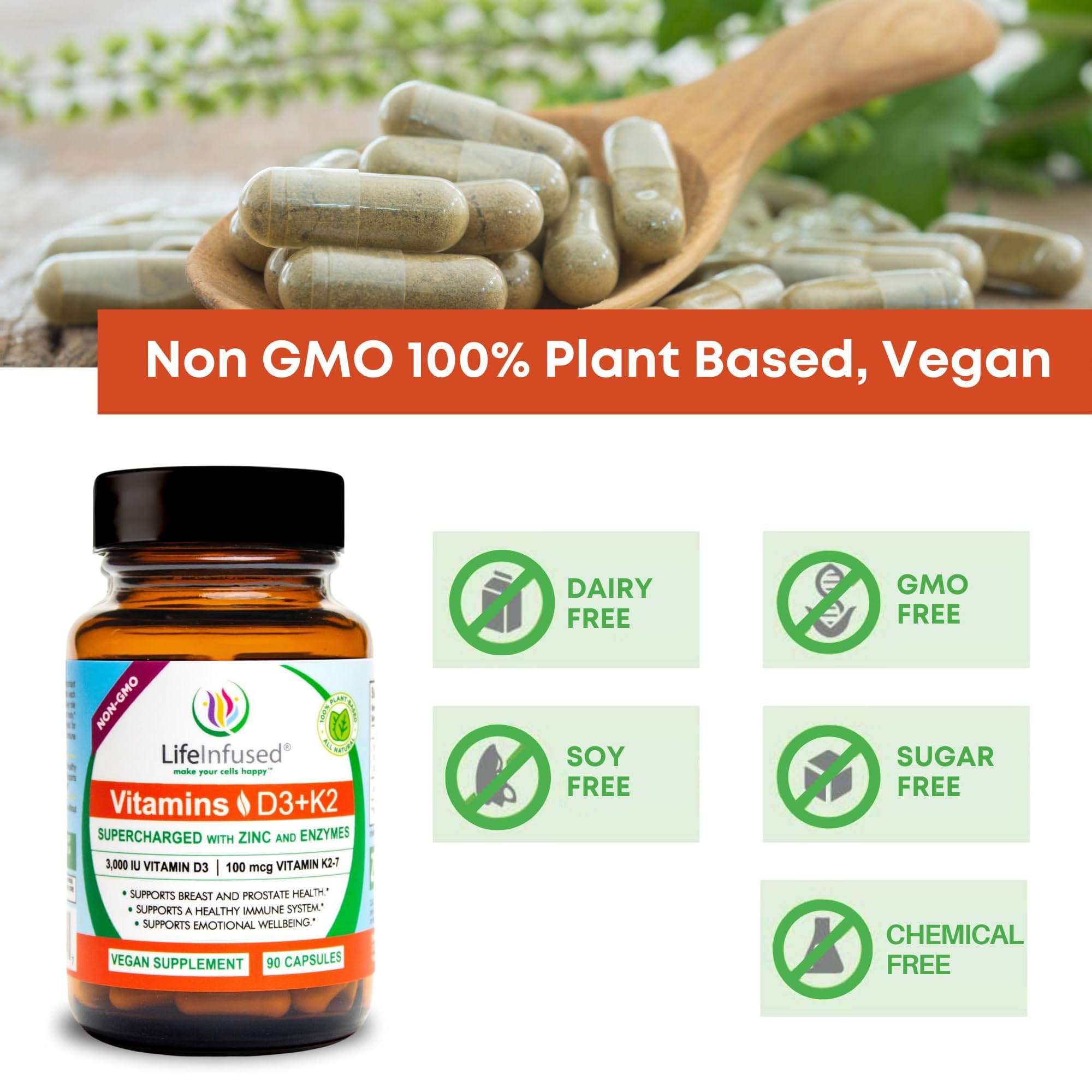 Life Infused Vitamin D3 + K2 capsules on a wooden table