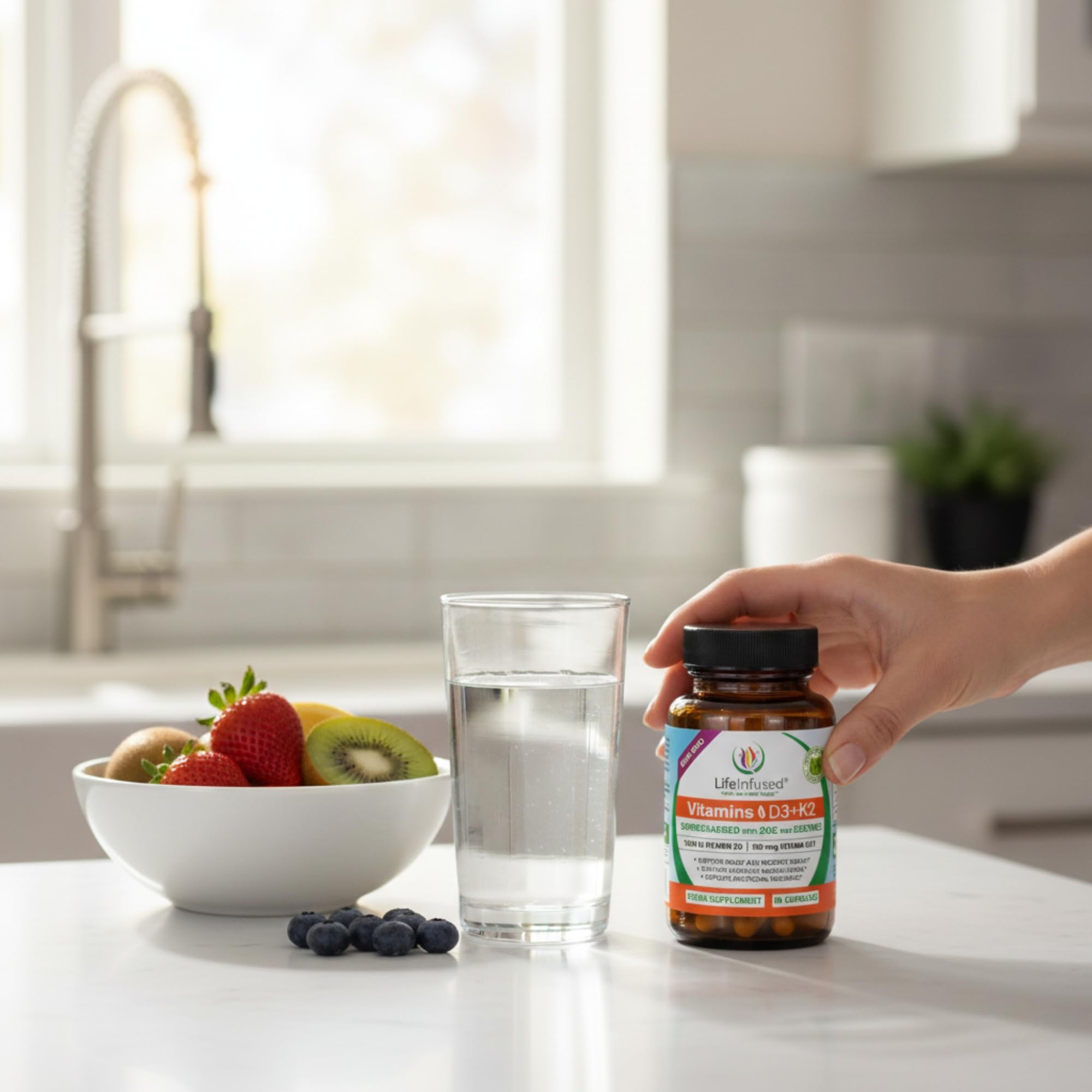 Life Infused Vitamin D3 + K2 capsules with natural background