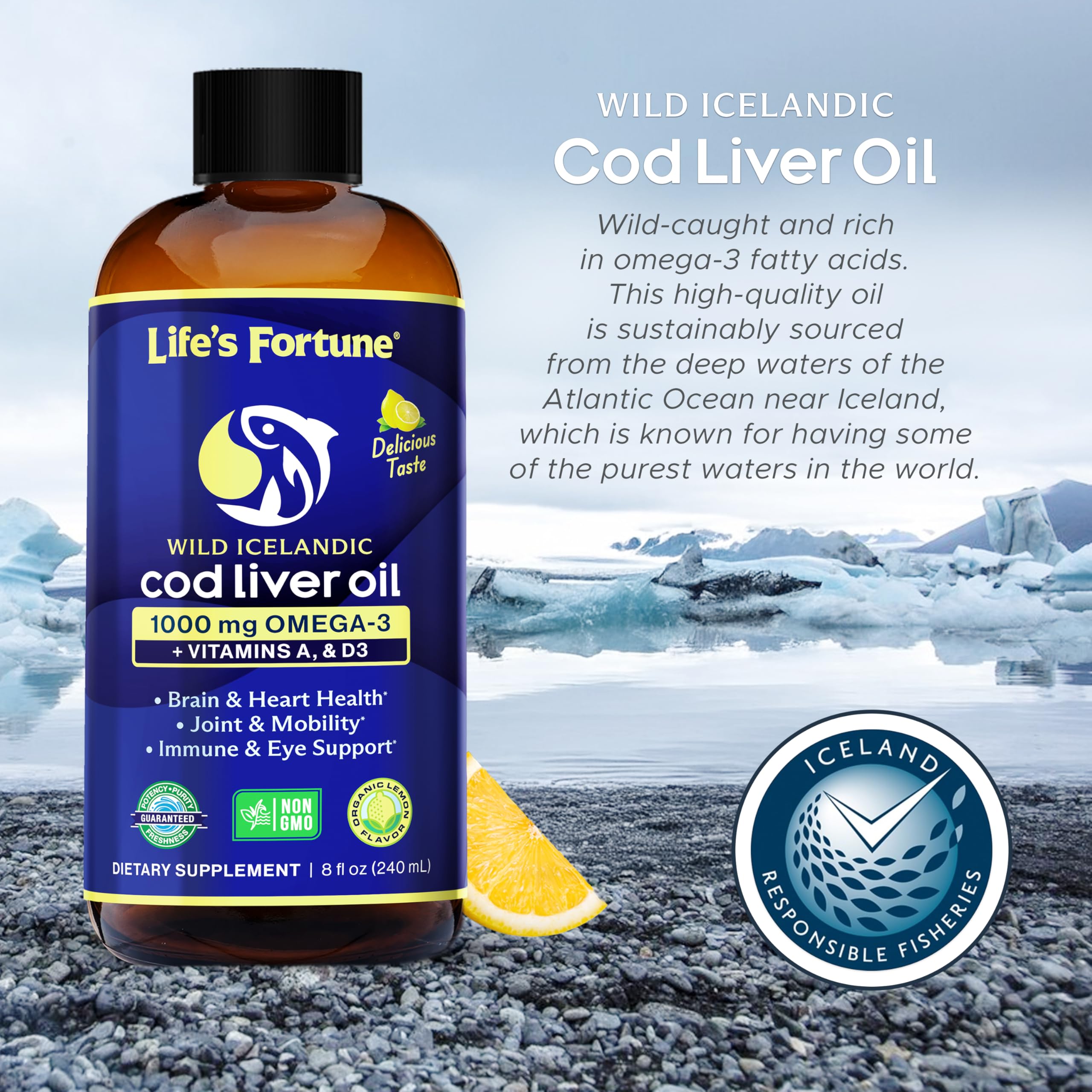 Life's Fortune Cod Liver Oil 1000mg Omega 3 Liquid on a kitchen counter