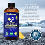 Life's Fortune Cod Liver Oil 1000mg Omega 3 Liquid on a kitchen counter