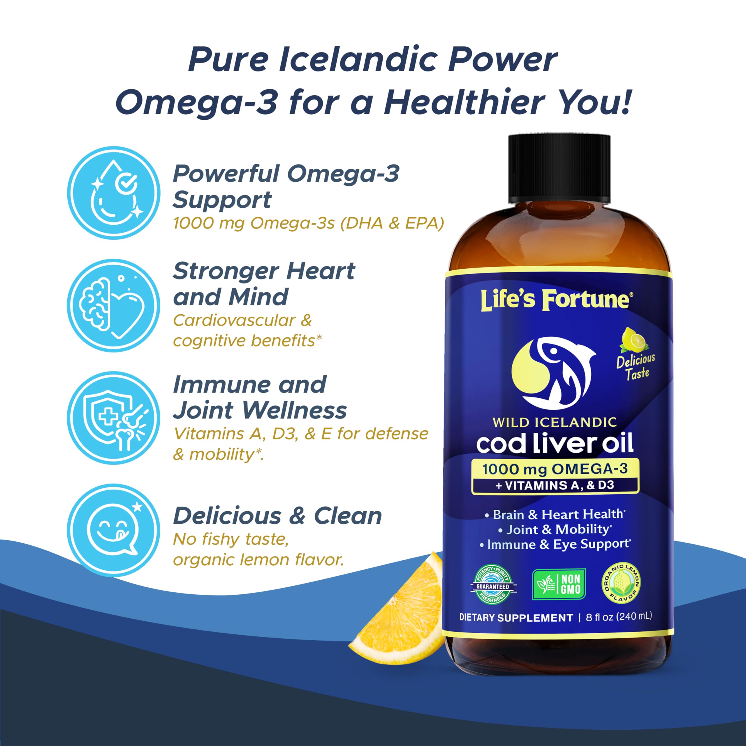 Life's Fortune Cod Liver Oil 1000mg Omega 3 Liquid pouring into a spoon