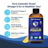 Life's Fortune Cod Liver Oil 1000mg Omega 3 Liquid pouring into a spoon