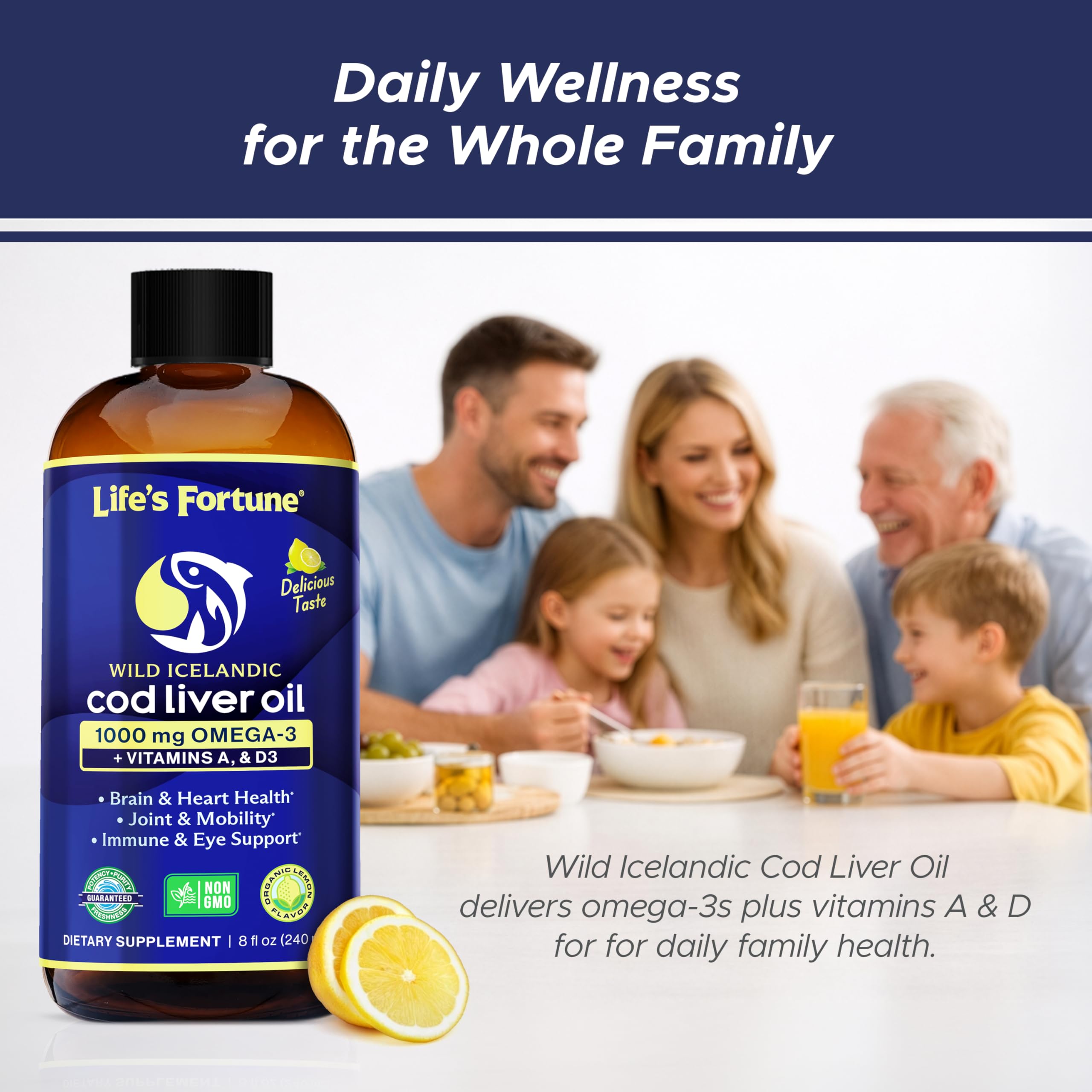 Life's Fortune Cod Liver Oil 1000mg Omega 3 Liquid with nutritional information
