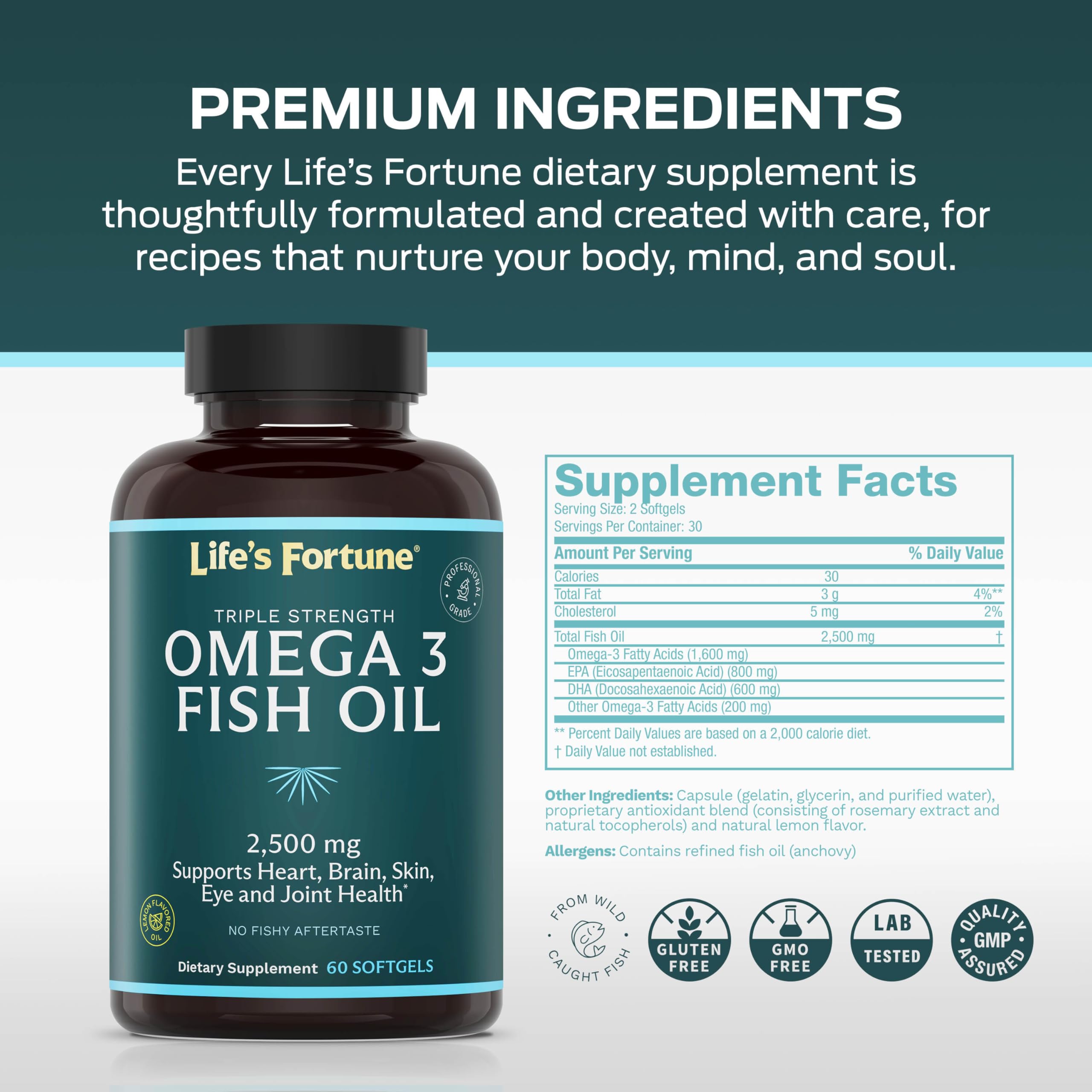 Life's Fortune Fish Oil Omega-3 Supplement displayed on a kitchen counter