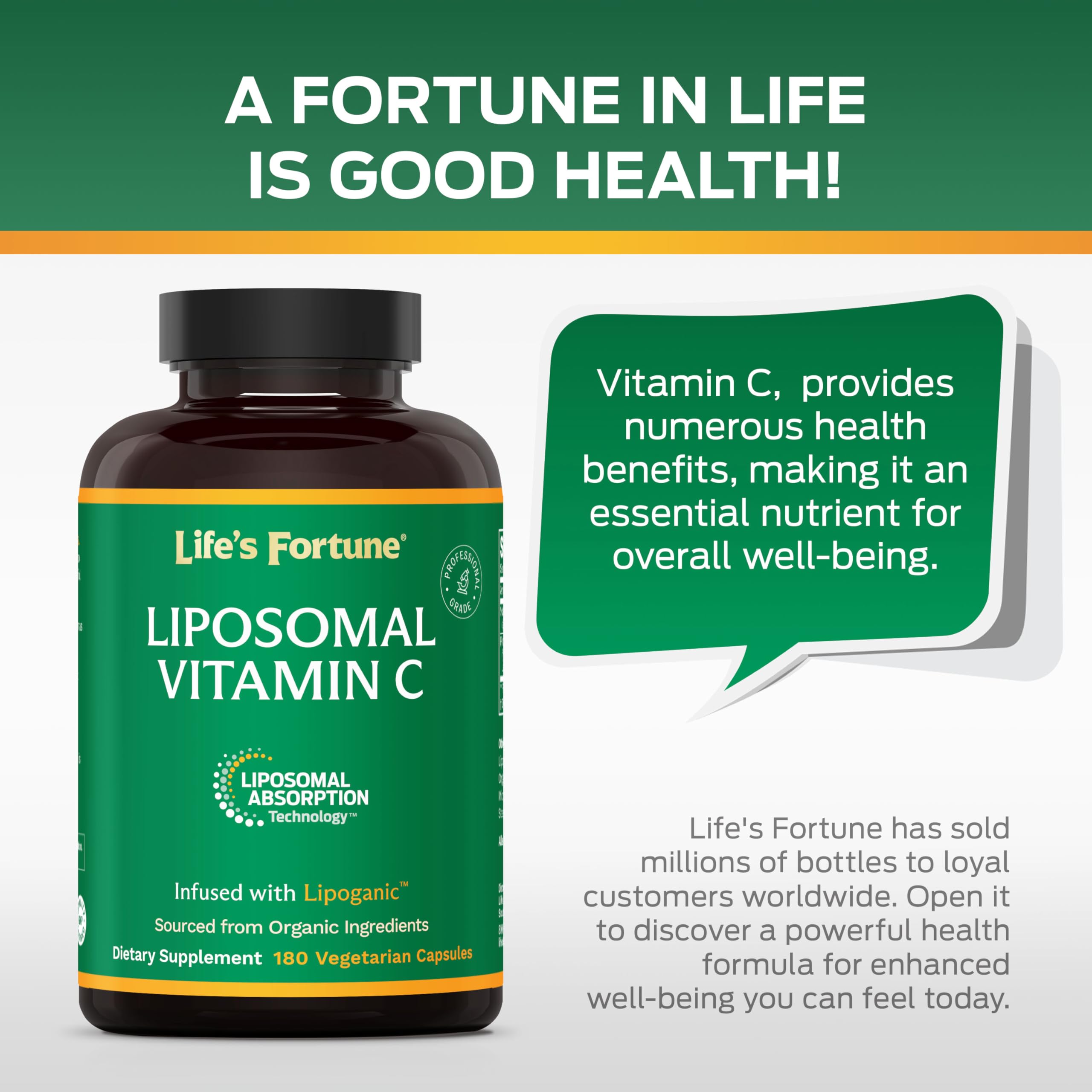Life's Fortune Liposomal Vitamin C bottle with a measuring spoon