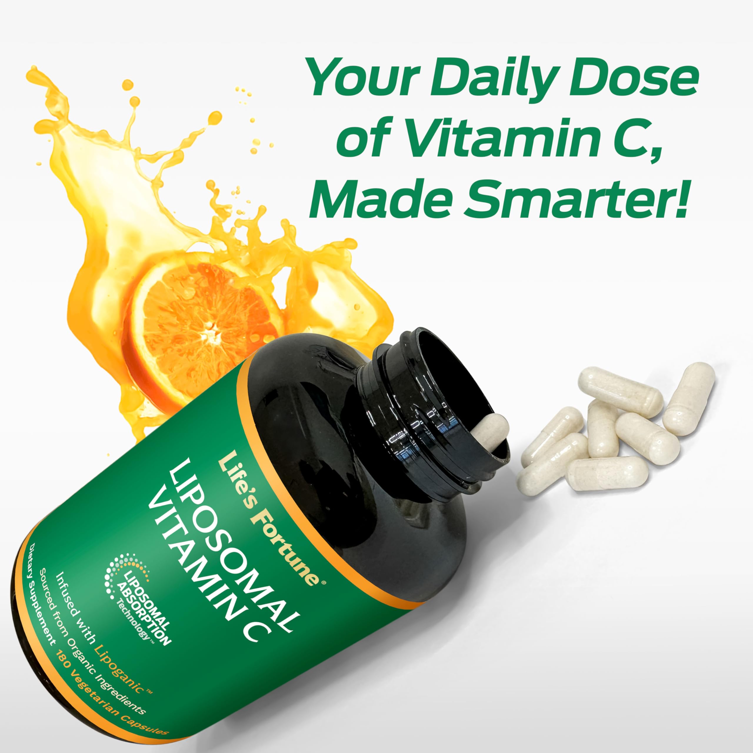 Life's Fortune Liposomal Vitamin C capsules on a wooden table