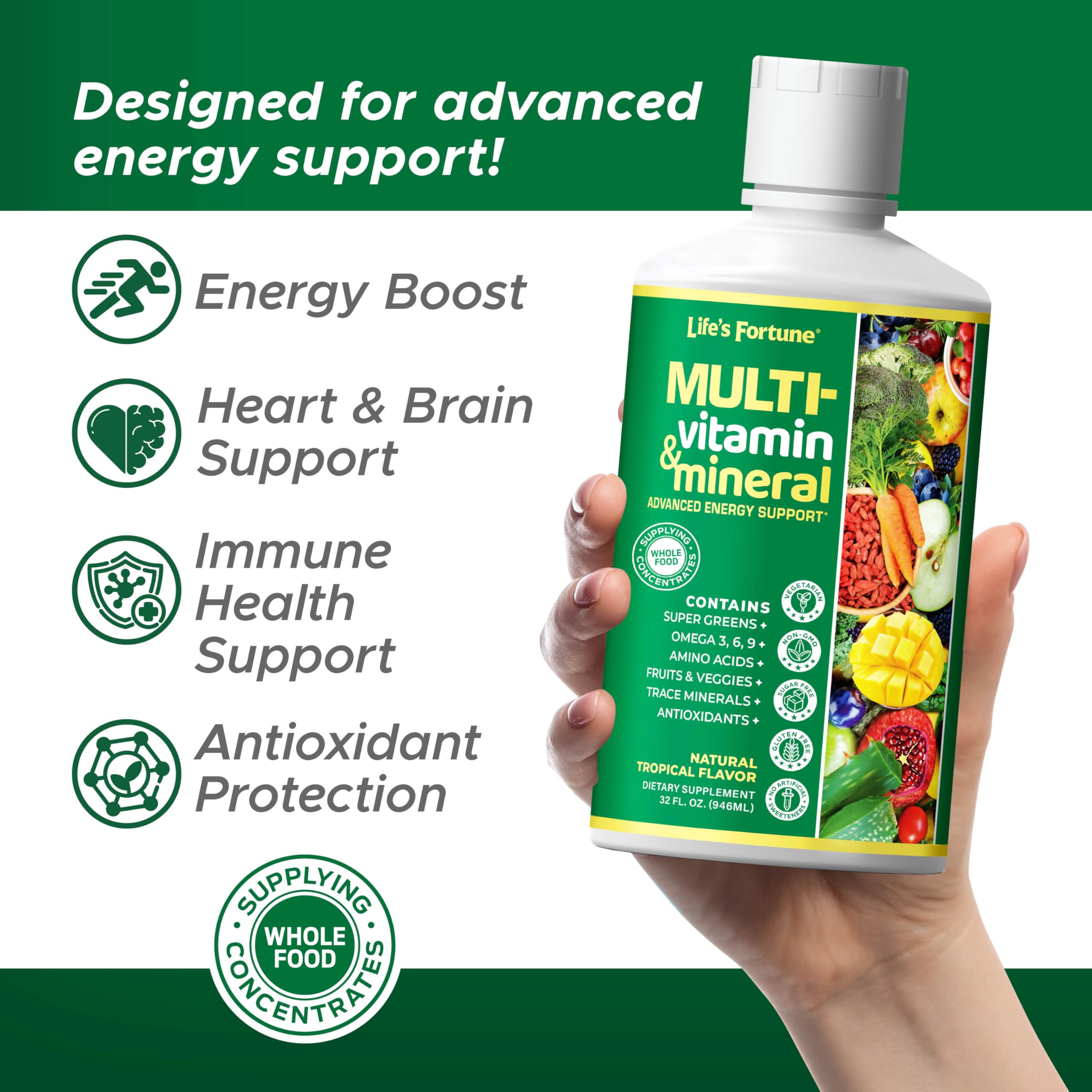 Life's Fortune Liquid Multivitamin 907g back view with ingredient list