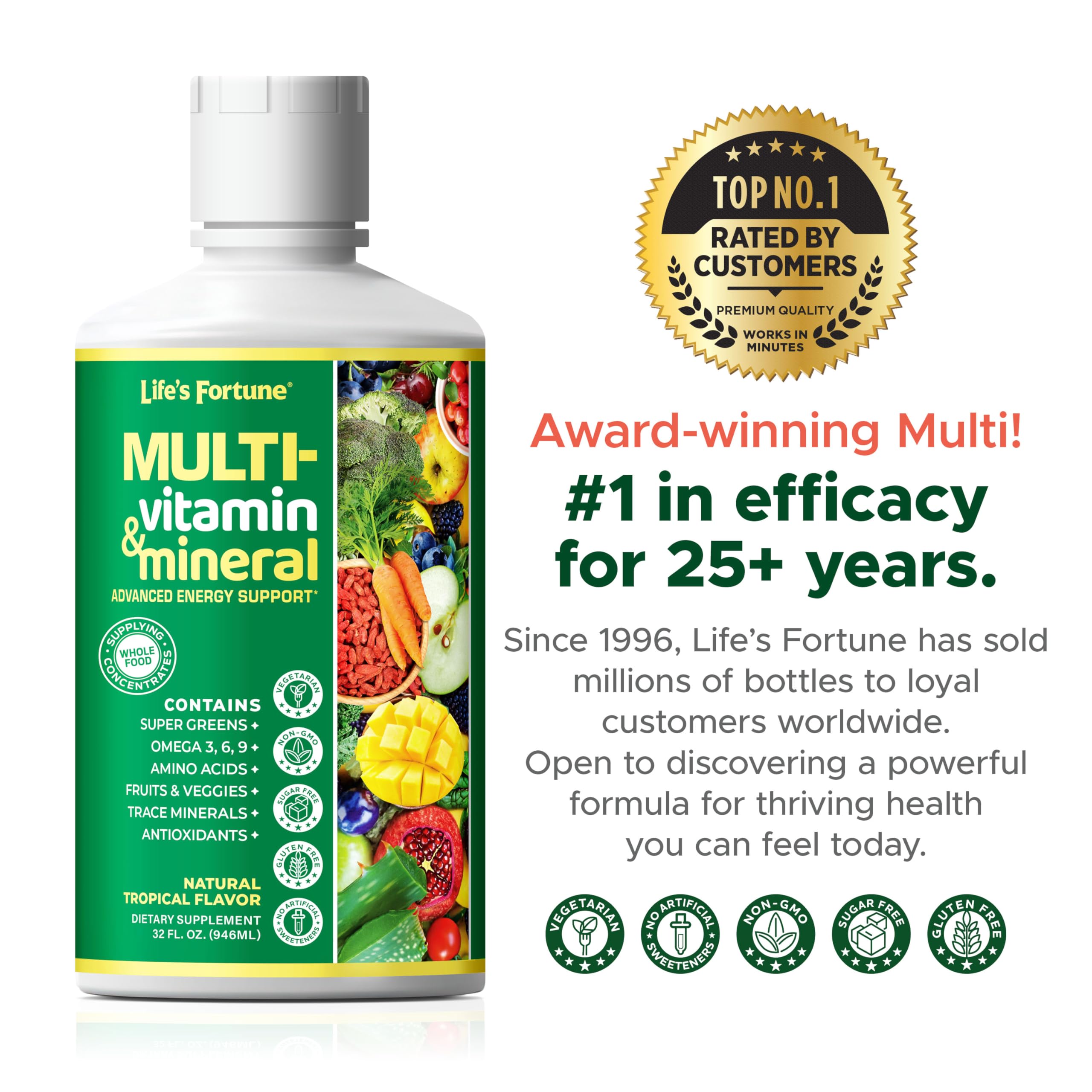 Life's Fortune Liquid Multivitamin 907g on a kitchen counter