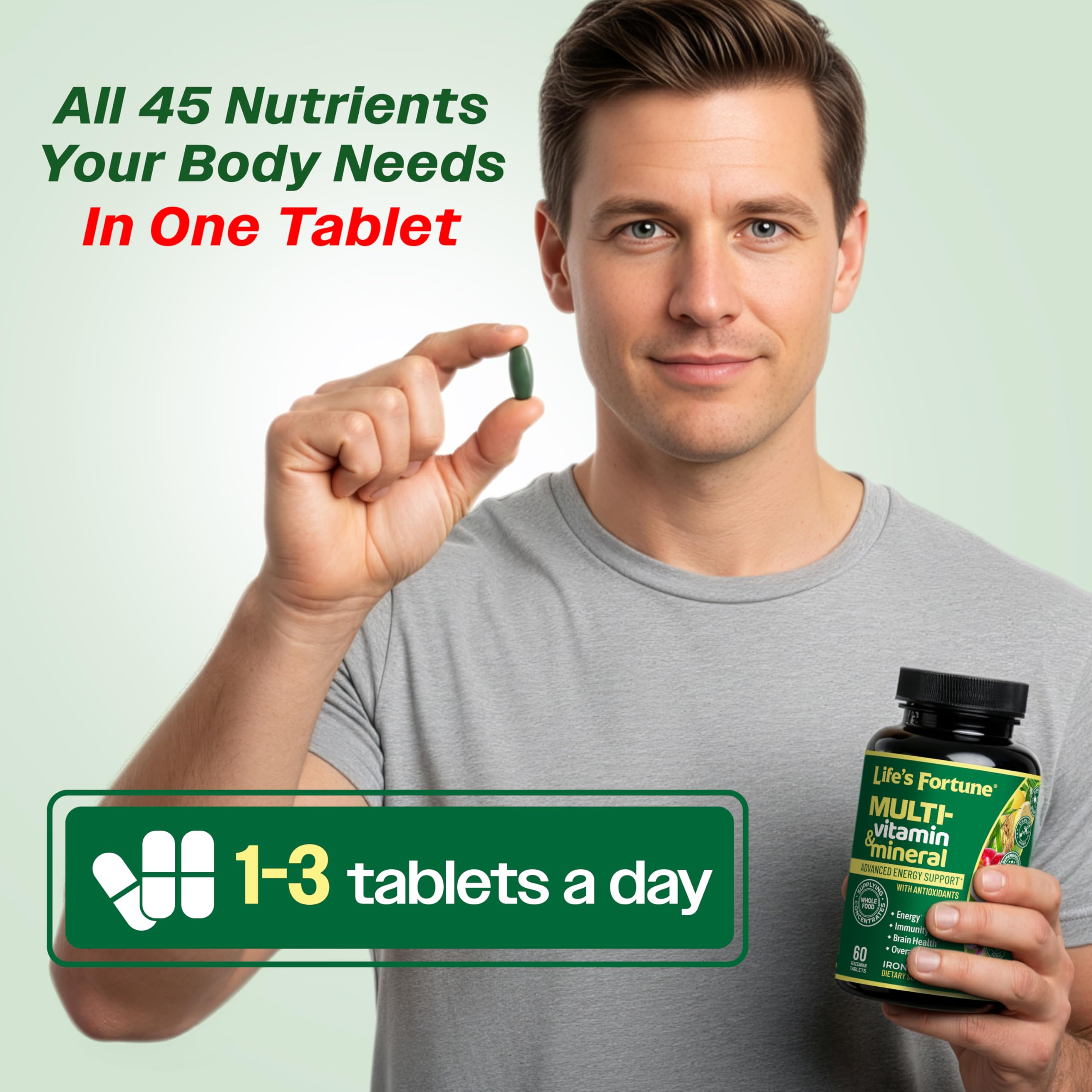 Life's Fortune Multivitamin & Mineral Supplement tablets on a surface