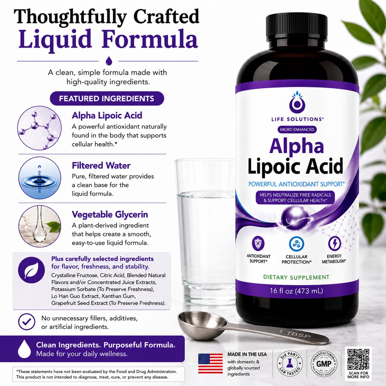 Life Solutions Liquid Alpha Lipoic Acid 50mg 16oz bottle in lifestyle setting