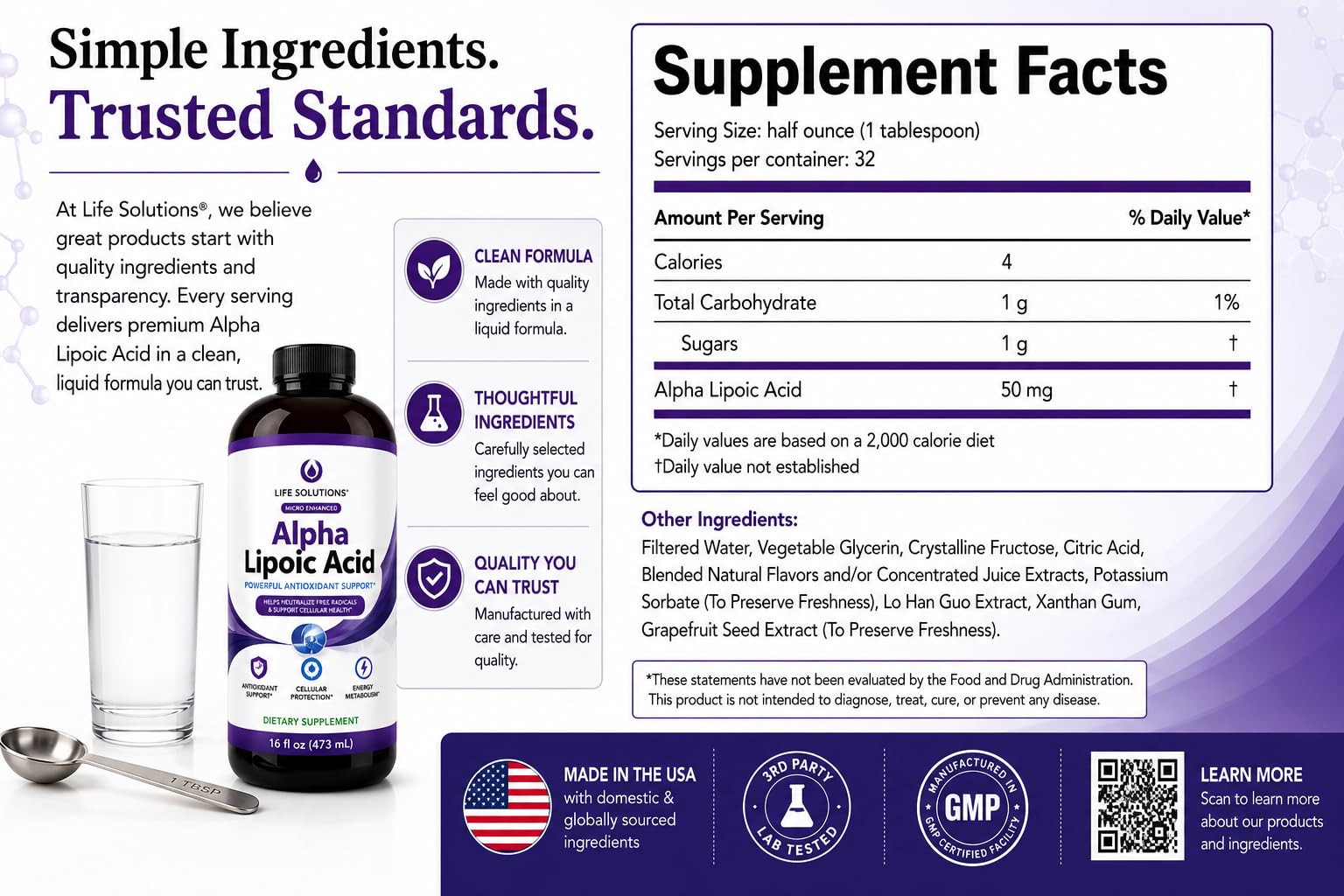 Life Solutions Liquid Alpha Lipoic Acid 50mg 16oz bottle on a kitchen counter