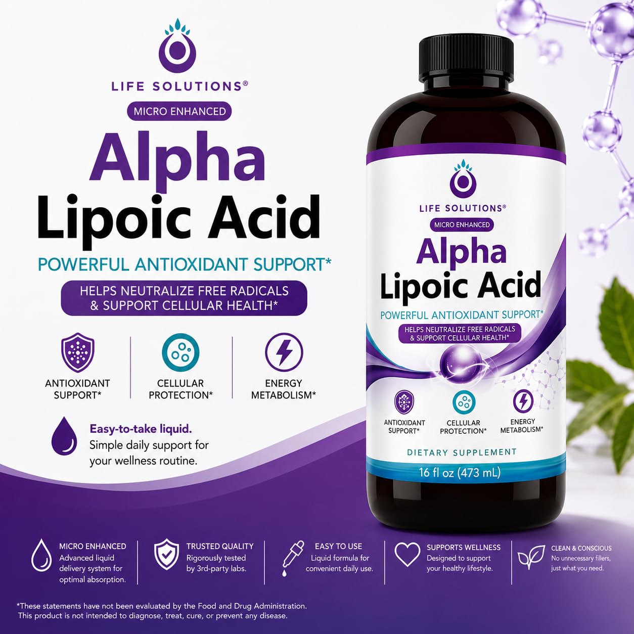 Life Solutions Liquid Alpha Lipoic Acid 50mg 16oz bottle side view