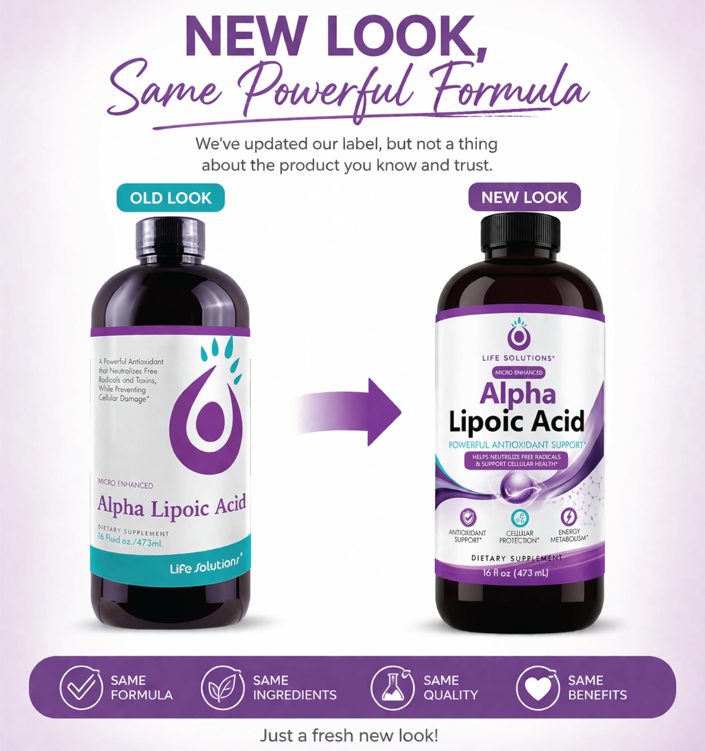 Life Solutions Liquid Alpha Lipoic Acid 50mg 16oz bottle with glass of liquid