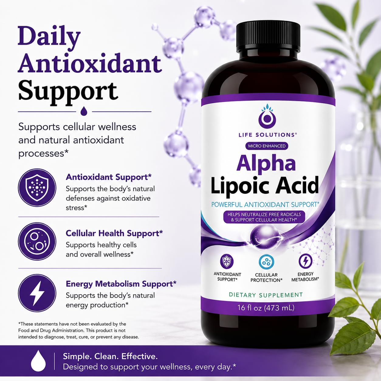 Life Solutions Liquid Alpha Lipoic Acid 50mg 16oz bottle with measuring cap