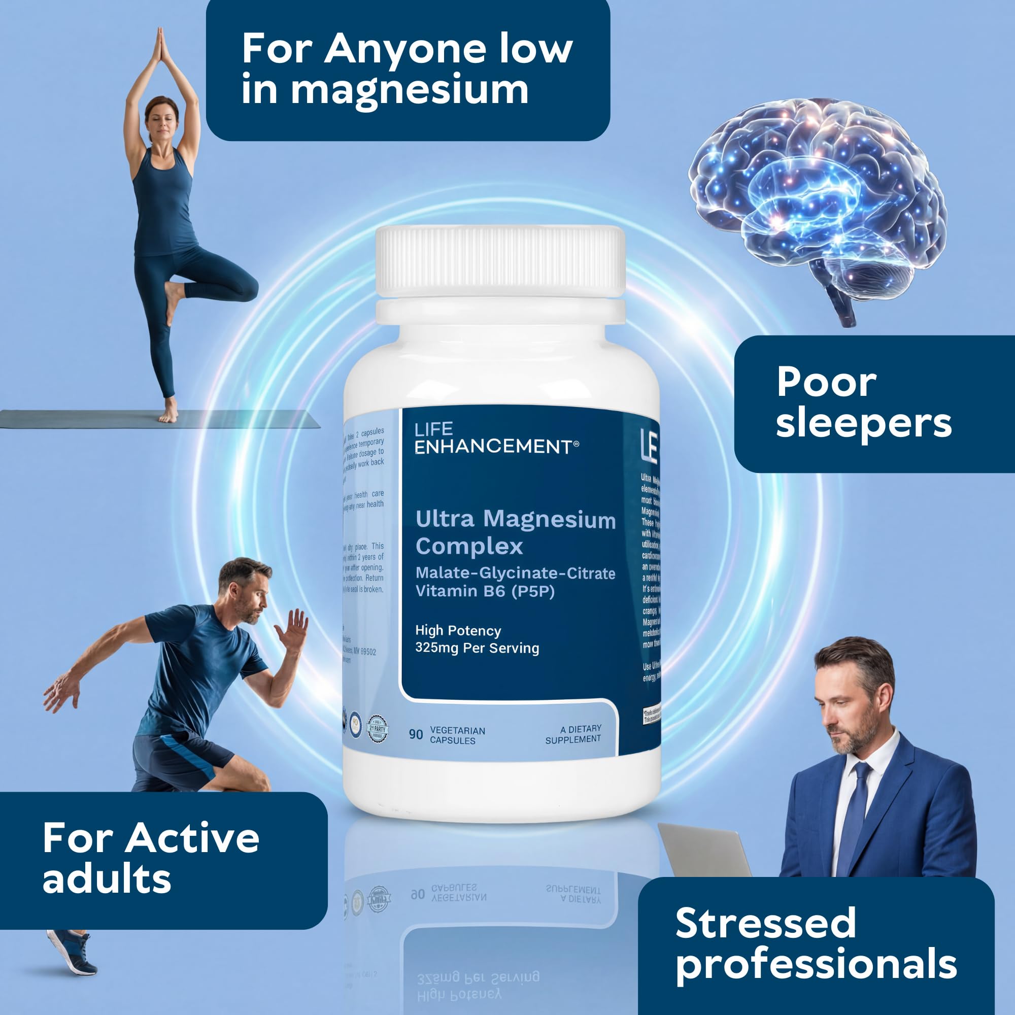 Life support Ultra Magnesium Complex 325mg on a wooden table