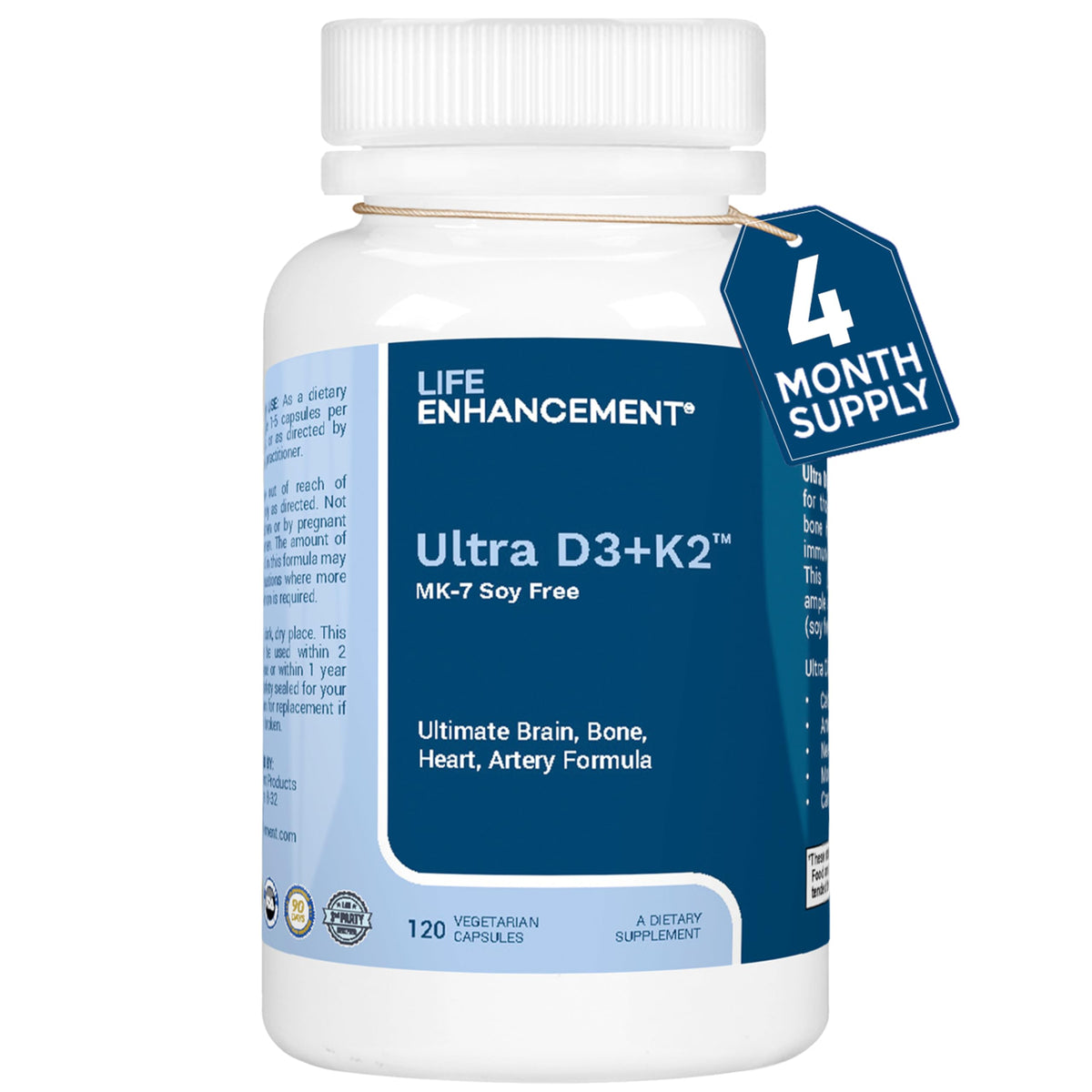 Life support Vitamin D3 & K2 2000 IU 120 Capsules front view