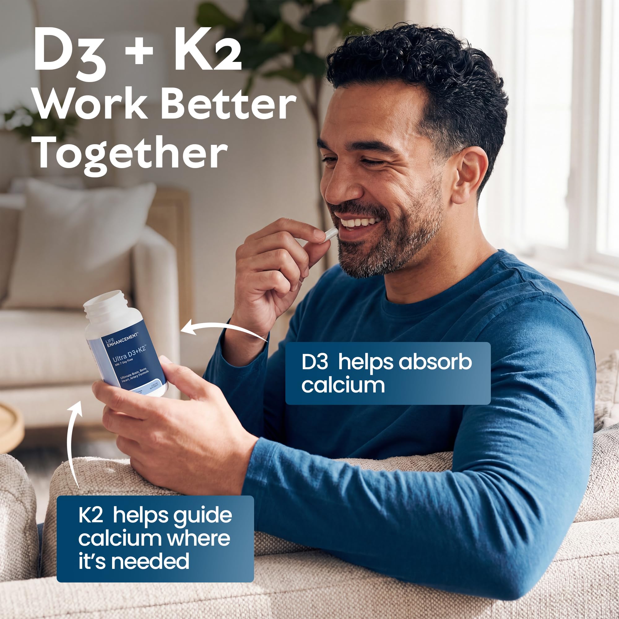 Life support Vitamin D3 & K2 capsules on a wooden table