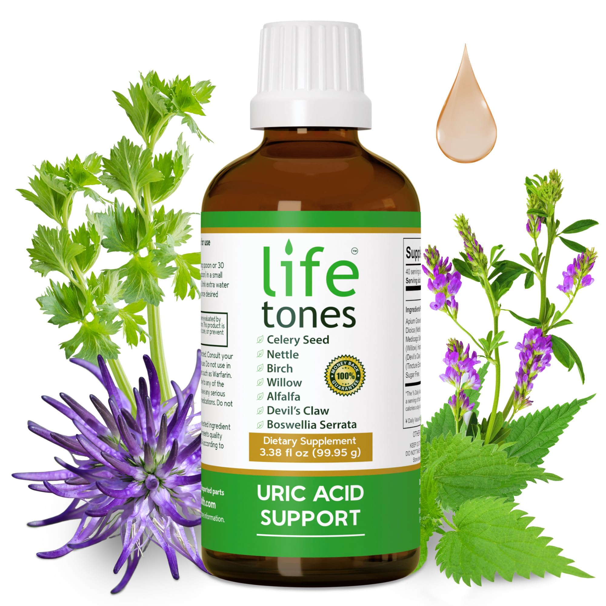 Life Tones Uric Acid Relief Liquid Supplement 222g label close-up