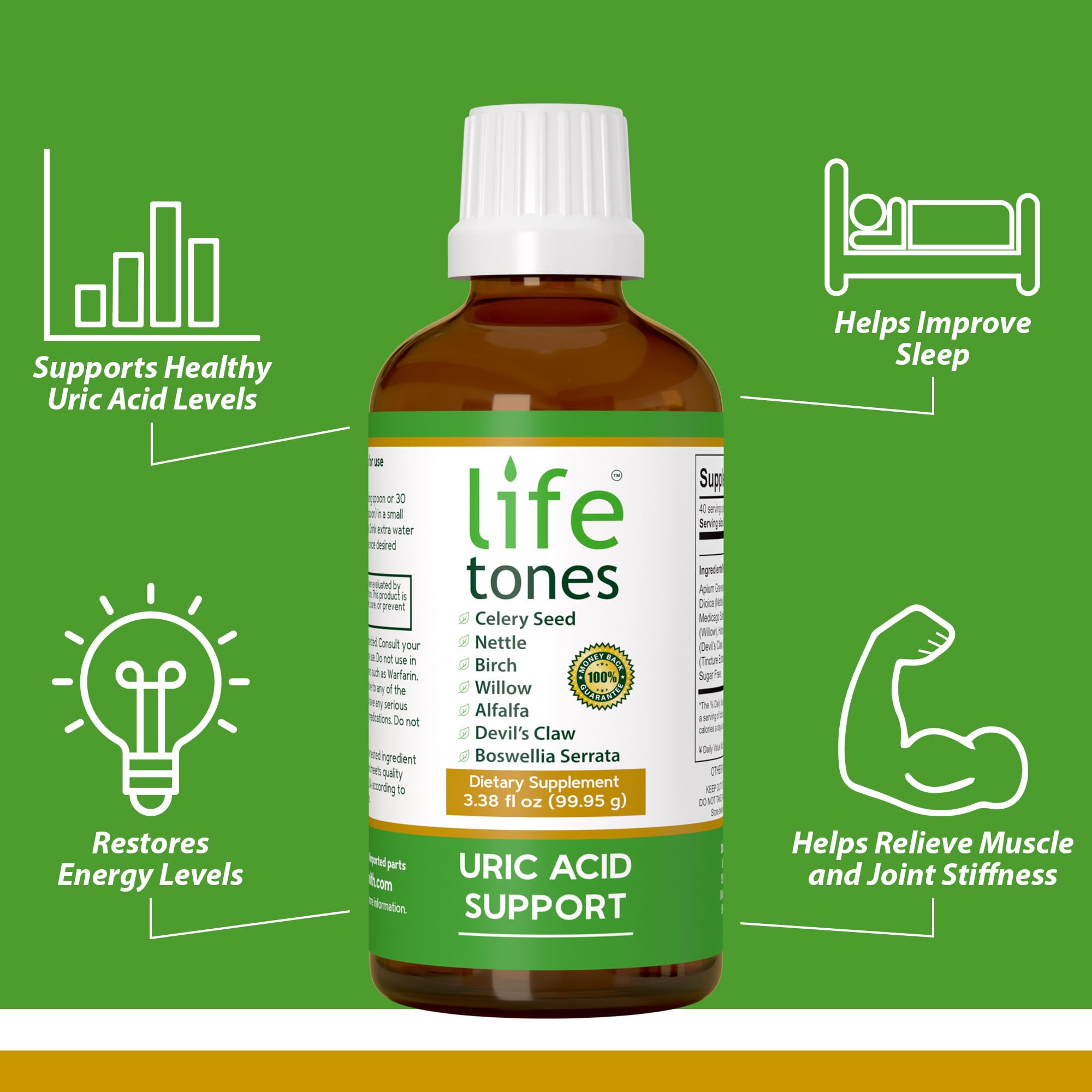Life Tones Uric Acid Relief Liquid Supplement 222g side view