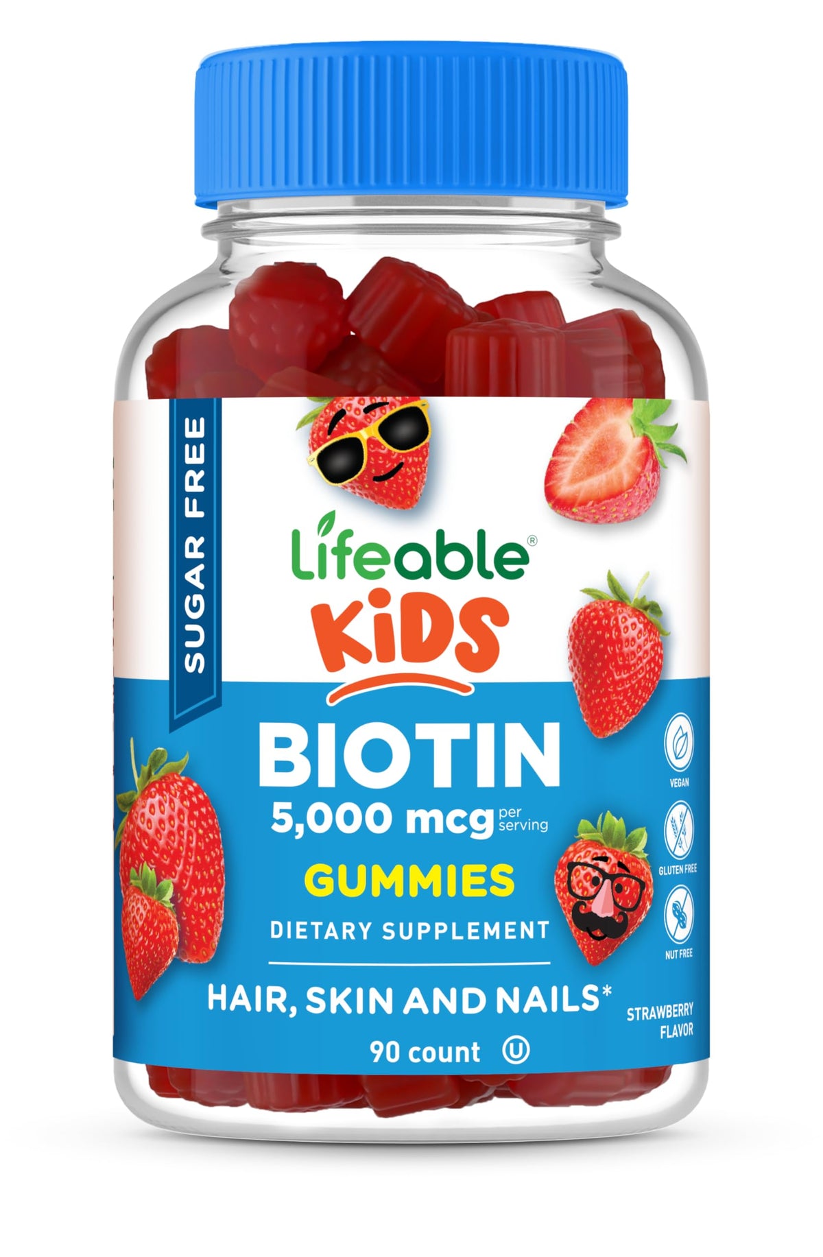 Lifeable Biotin Gummies bottle front view with raspberry flavour