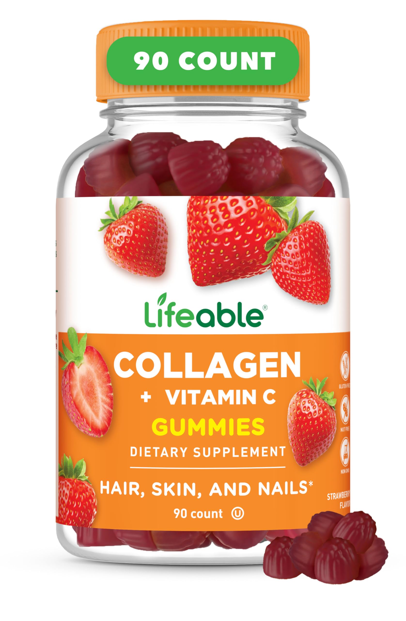 Lifeable Collagen Peptides Gummies bottle front view with strawberry flavour
