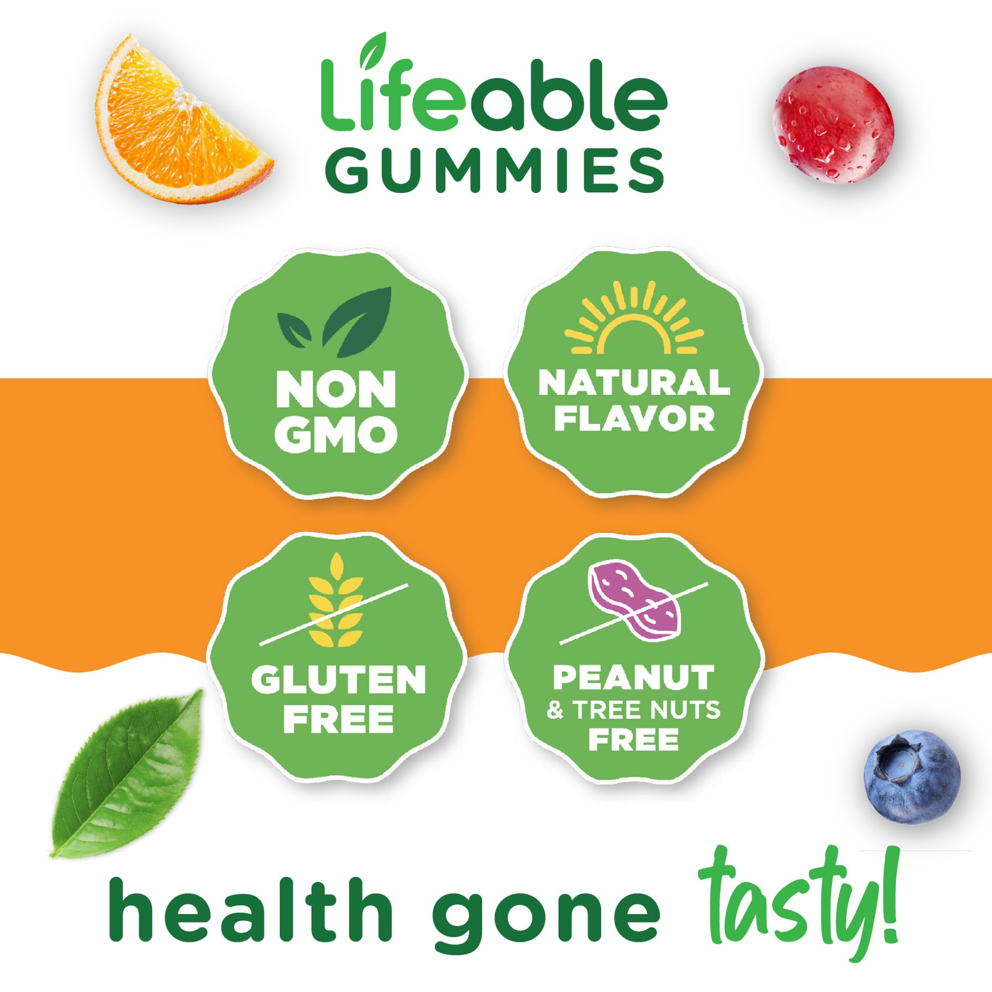 Lifeable Gummies non-GMO and gluten-free label
