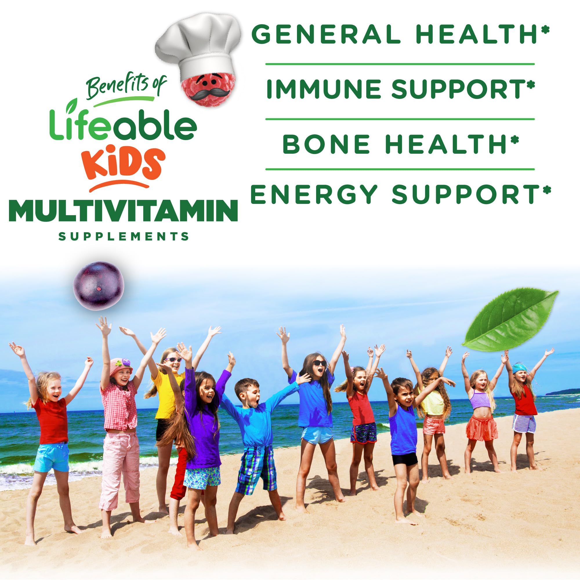 Lifeable Kids Multivitamin Gummies showing two gummies