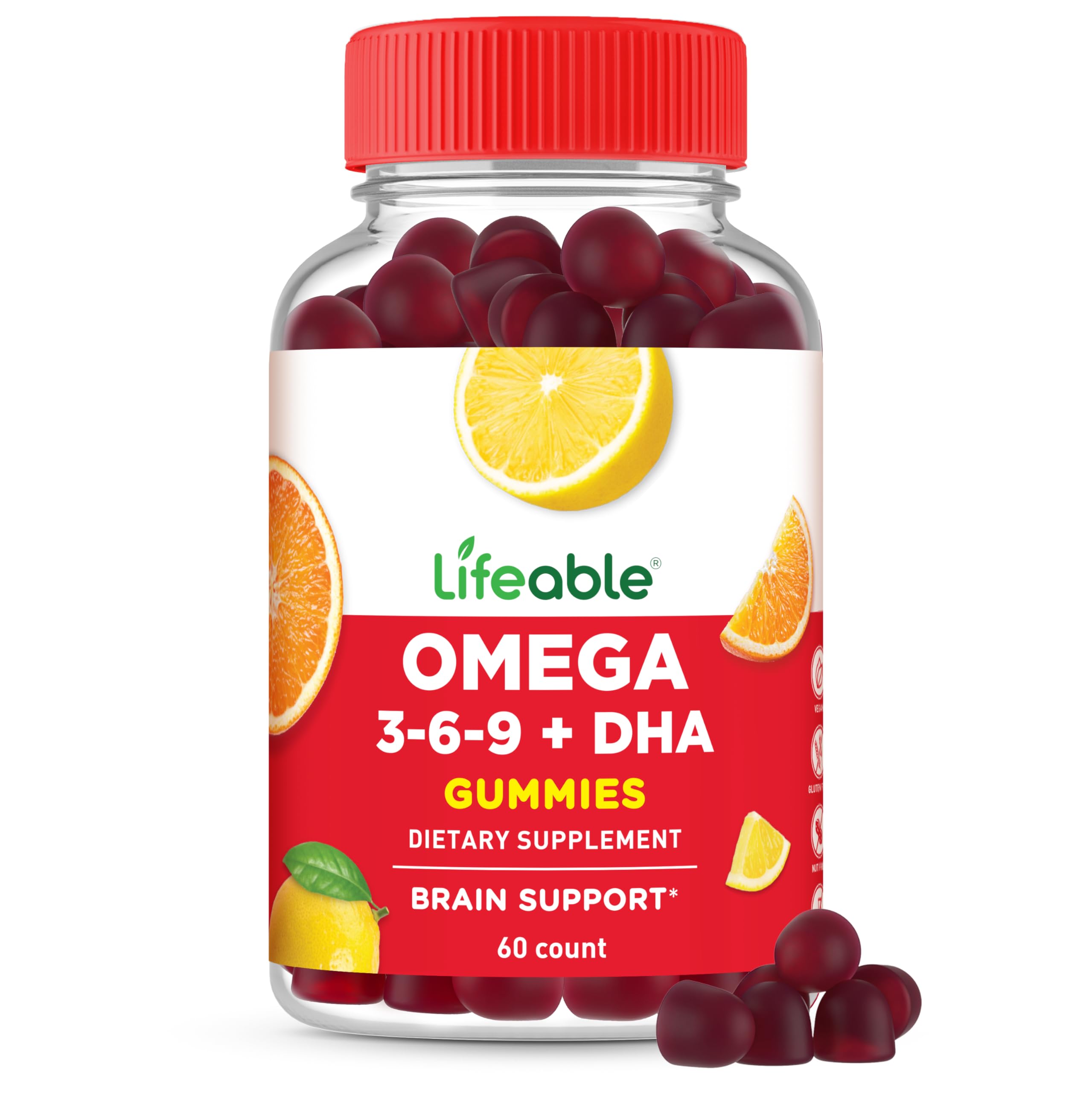 Lifeable Omega 3-6-9 Gummies bottle front view with orange and lemon flavour