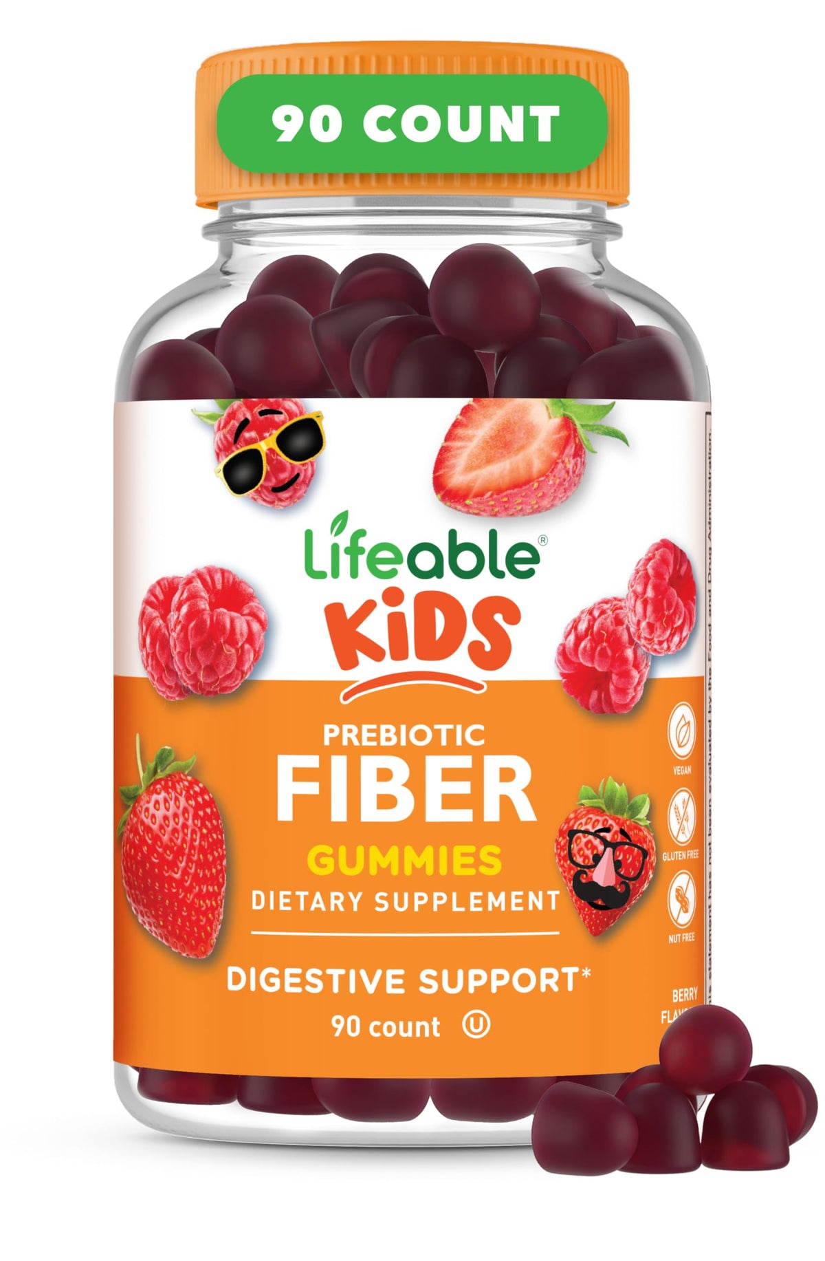 Lifeable Prebiotic Fiber Gummies for Kids, 90 count bottle front view