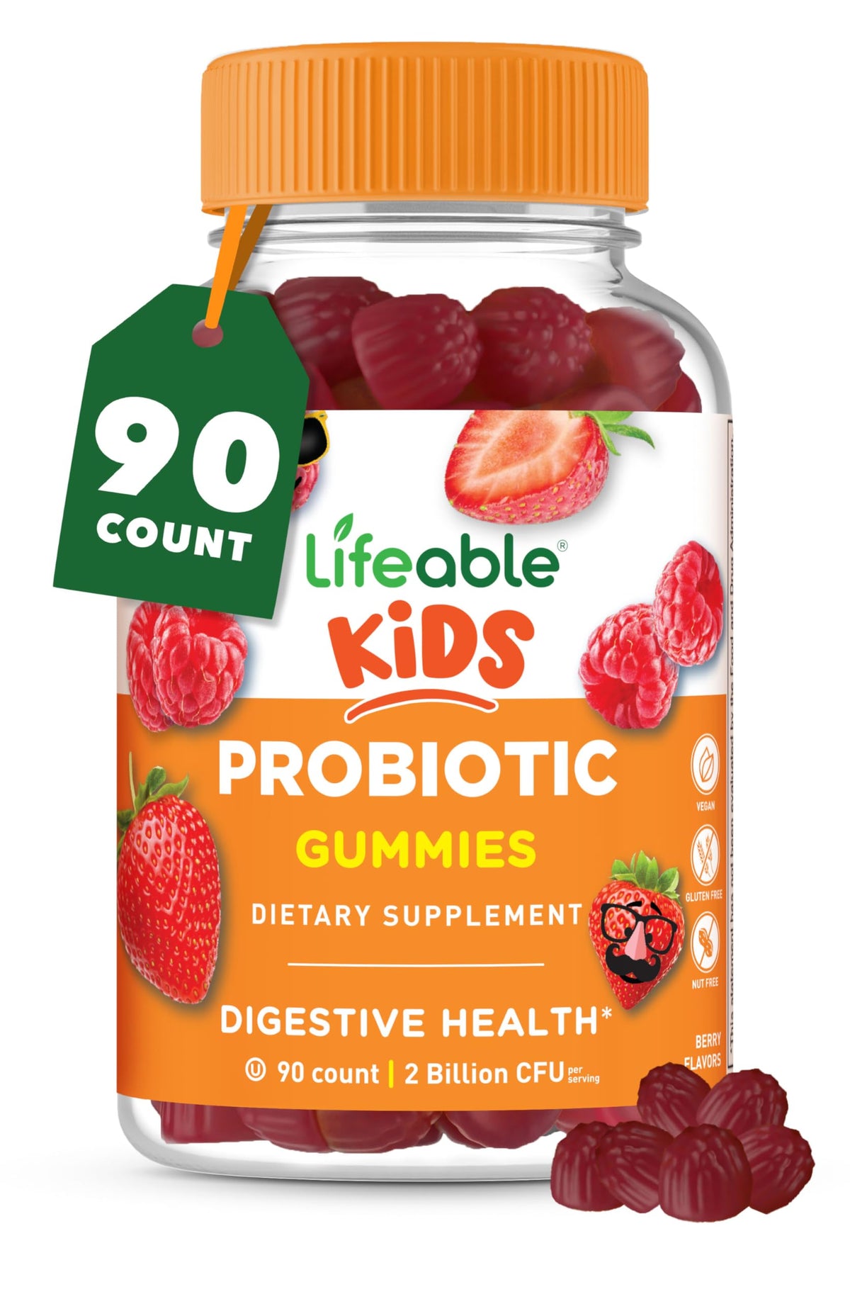 Lifeable Probiotic Gummies for Kids, raspberry flavour front view
