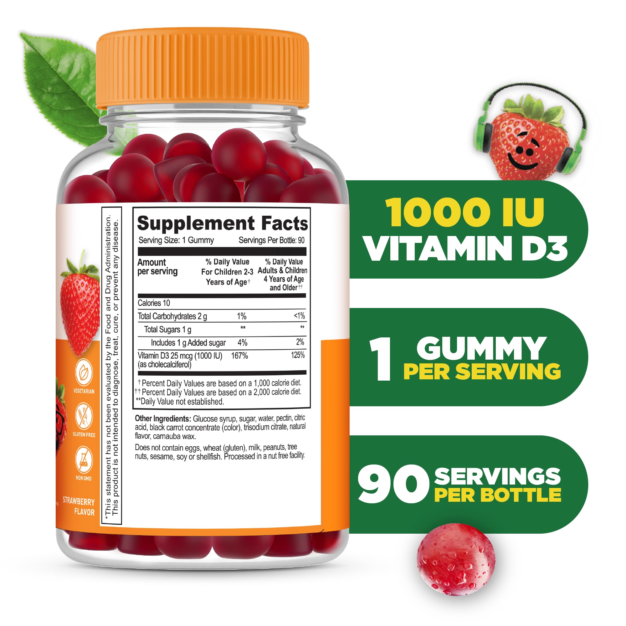 Lifeable Vitamin D3 Gummies 1000 IU strawberry flavour gummies