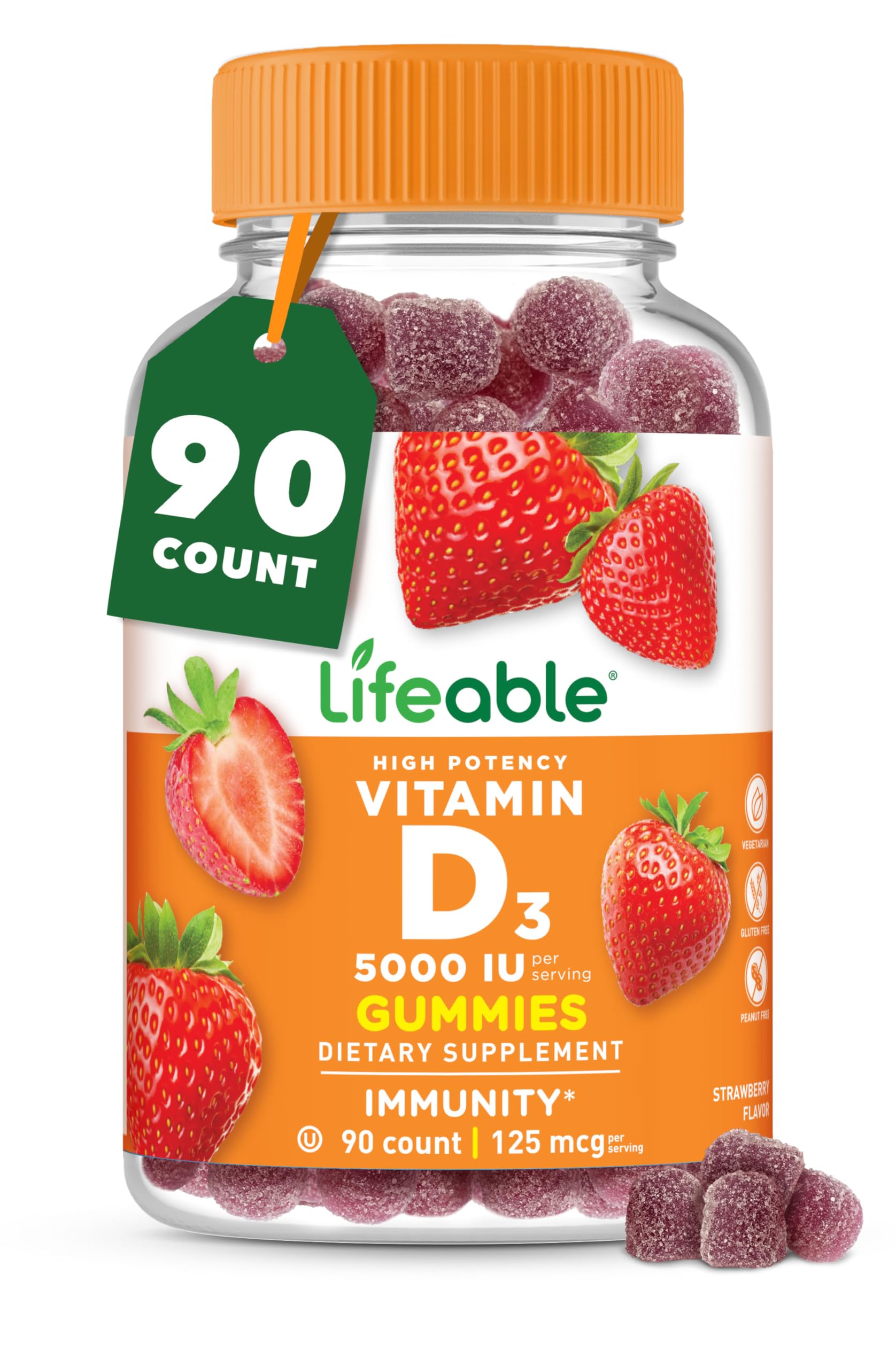 Lifeable Vitamin D3 Gummies 5000 IU strawberry flavour front view