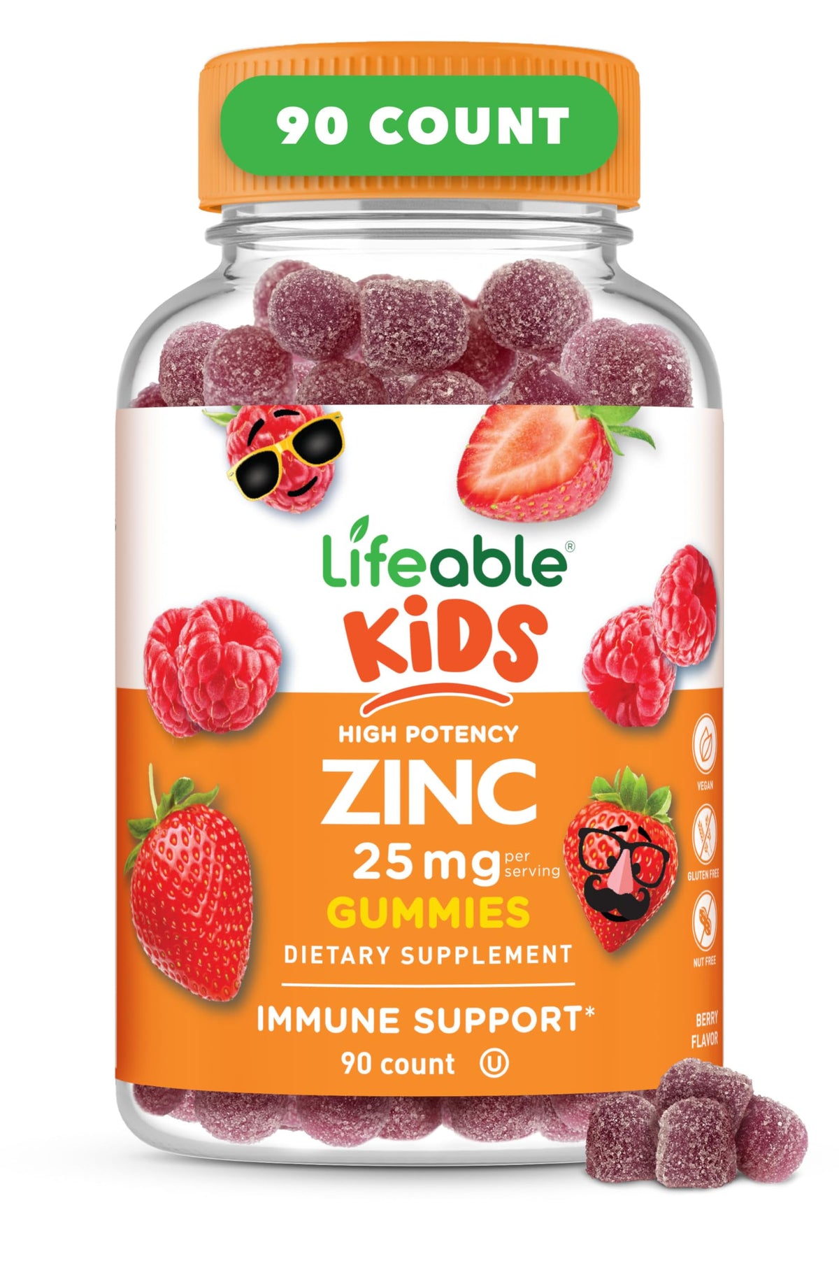 Lifeable Zinc Gummies 25mg bottle front view with berry flavour