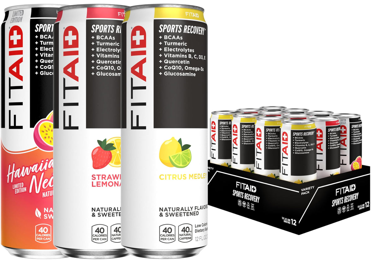 LIFEAID FITAID Variety Pack 12 cans featuring Citrus Medley, Strawberry Lemonade, and Hawaiian Nectar