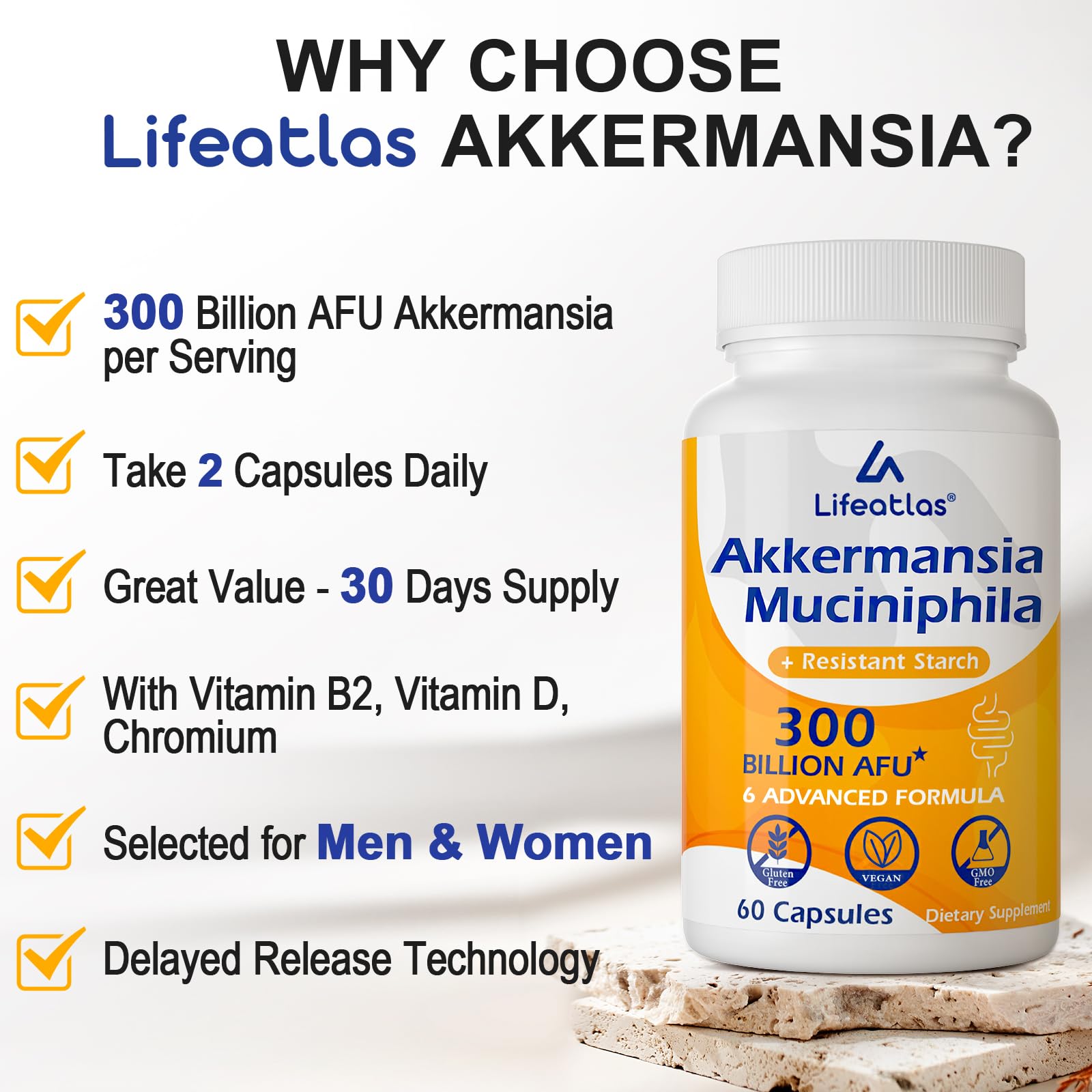 Lifeatlas Akkermansia Probiotic 300 Billion AFU with a measuring spoon