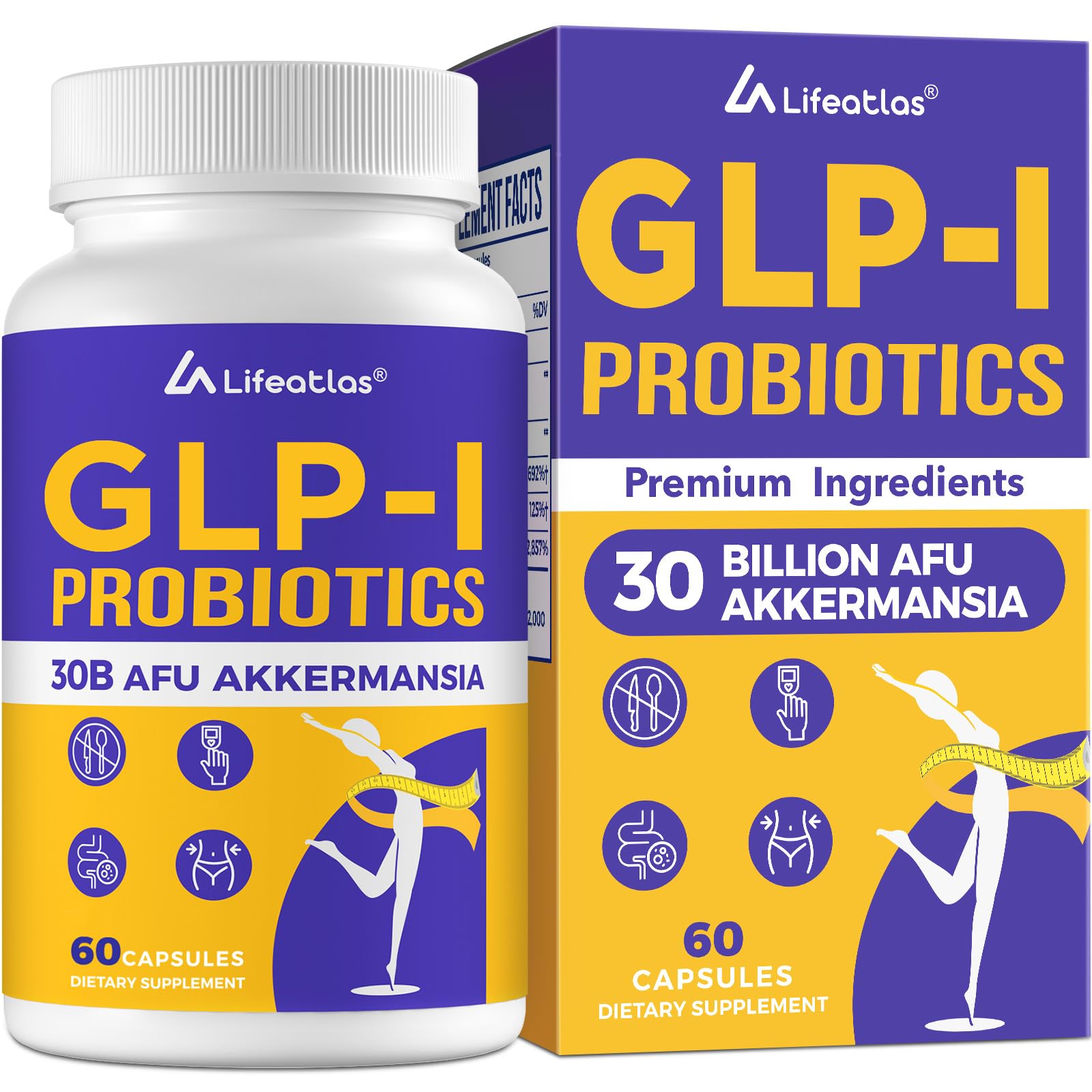 Lifeatlas GLP-l with Akkermansia Probiotic supplement bottle front view