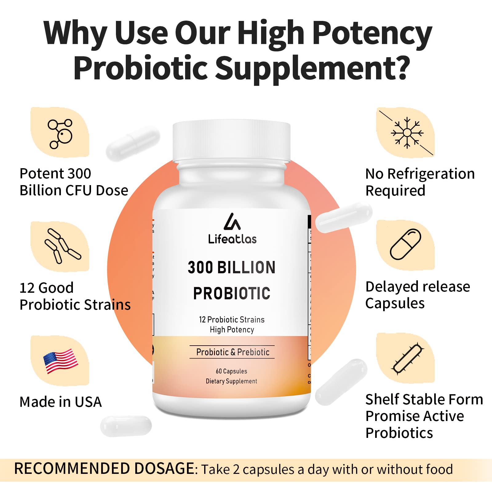 Lifeatlas Probiotics 300 Billion CFU supplement capsule close-up