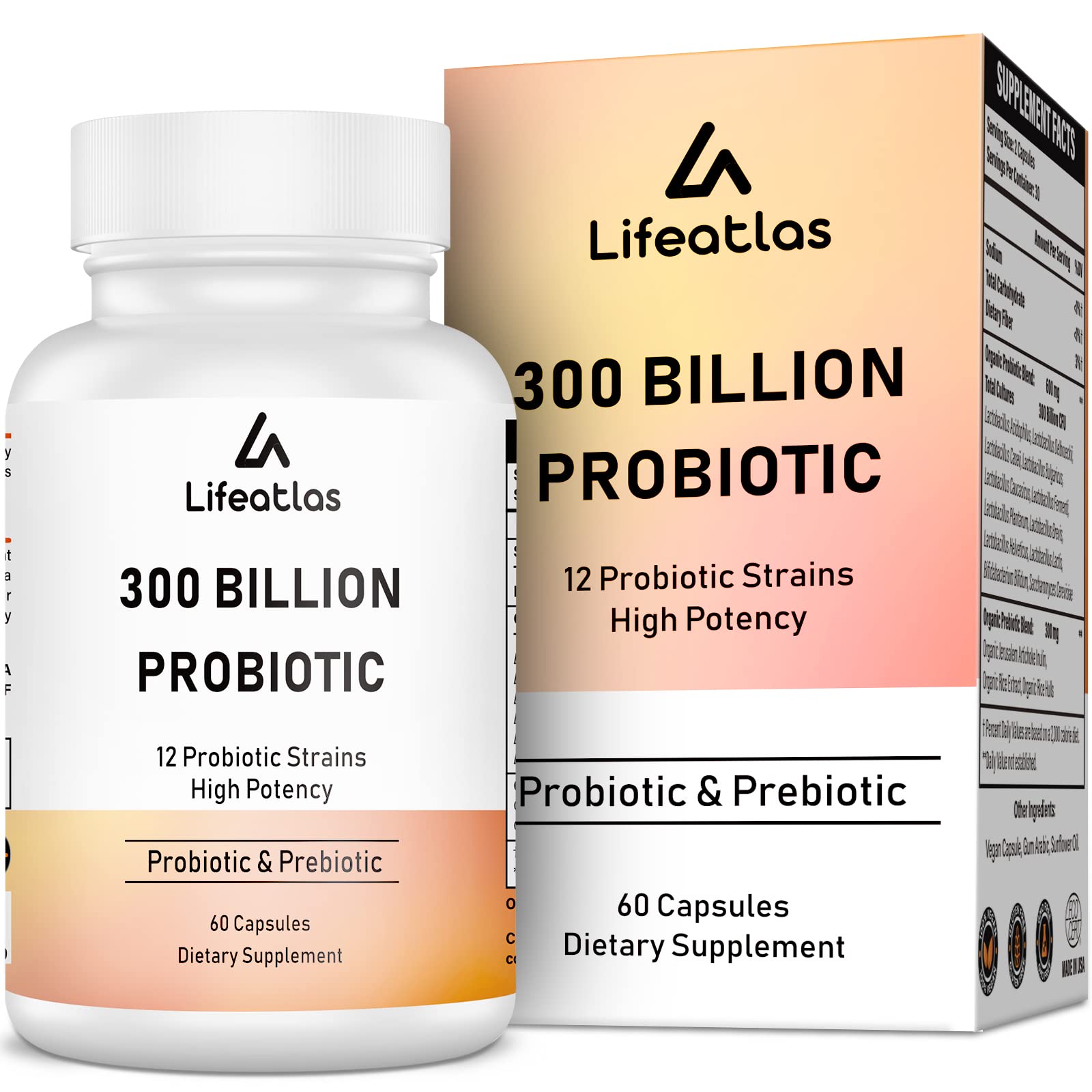 Lifeatlas Probiotics 300 Billion CFU supplement front view