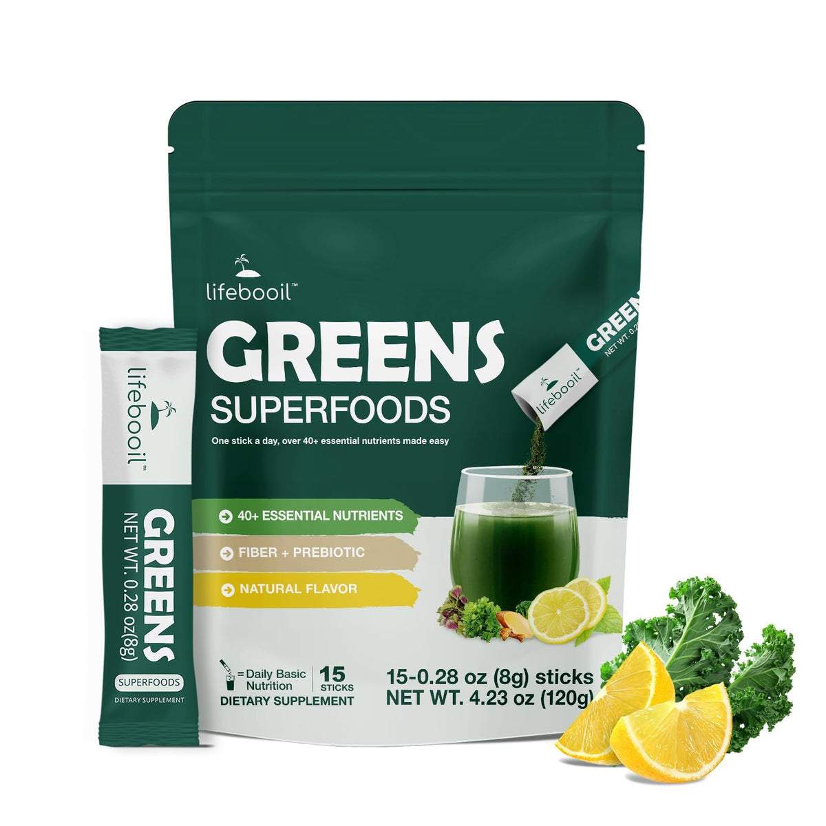 Lifebooil Spirulina Supplement box with 40+ greens front view
