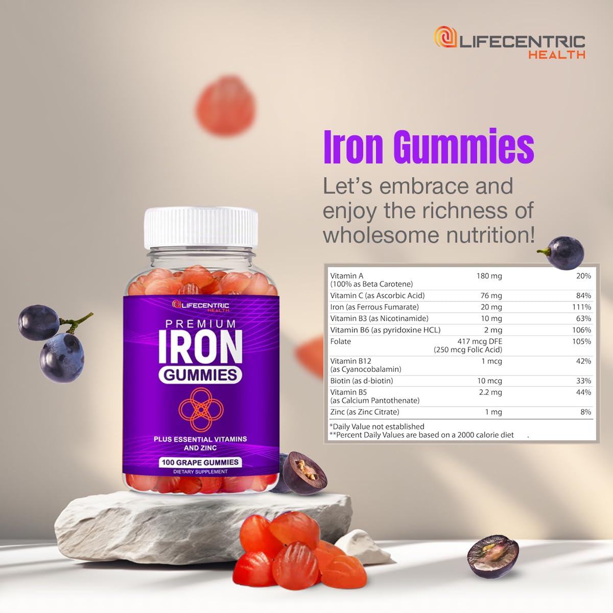 LifeCentric Health Iron Gummies on a wooden table